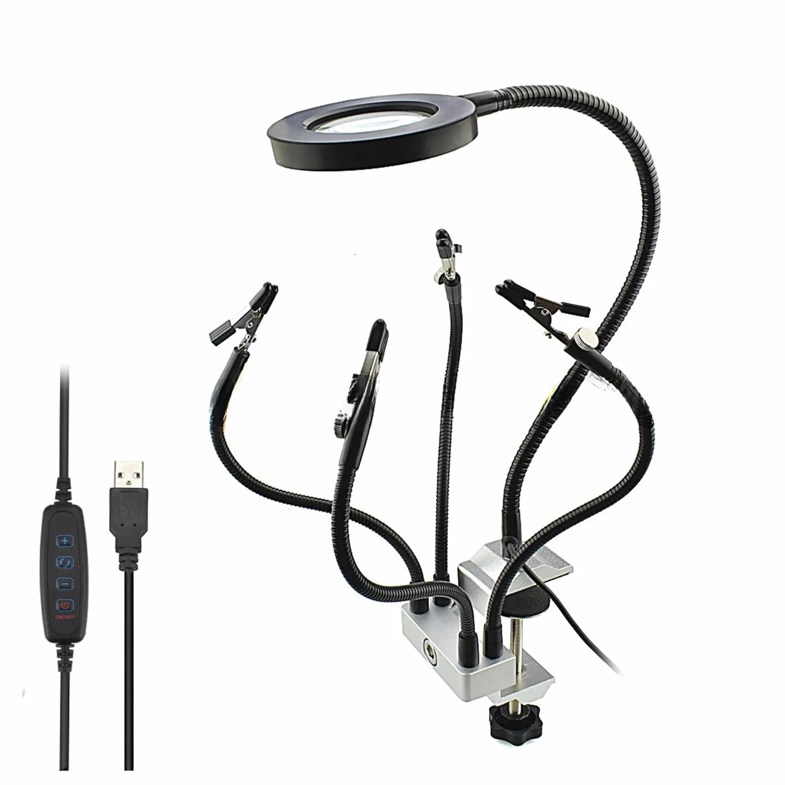Pomoc do lutowania z trzeciej ręki， Narzędzie lutownicze z diodą LED i 3-krotną lupą, zasilane przez USB, różne rozmiary(SN5USBSilver)