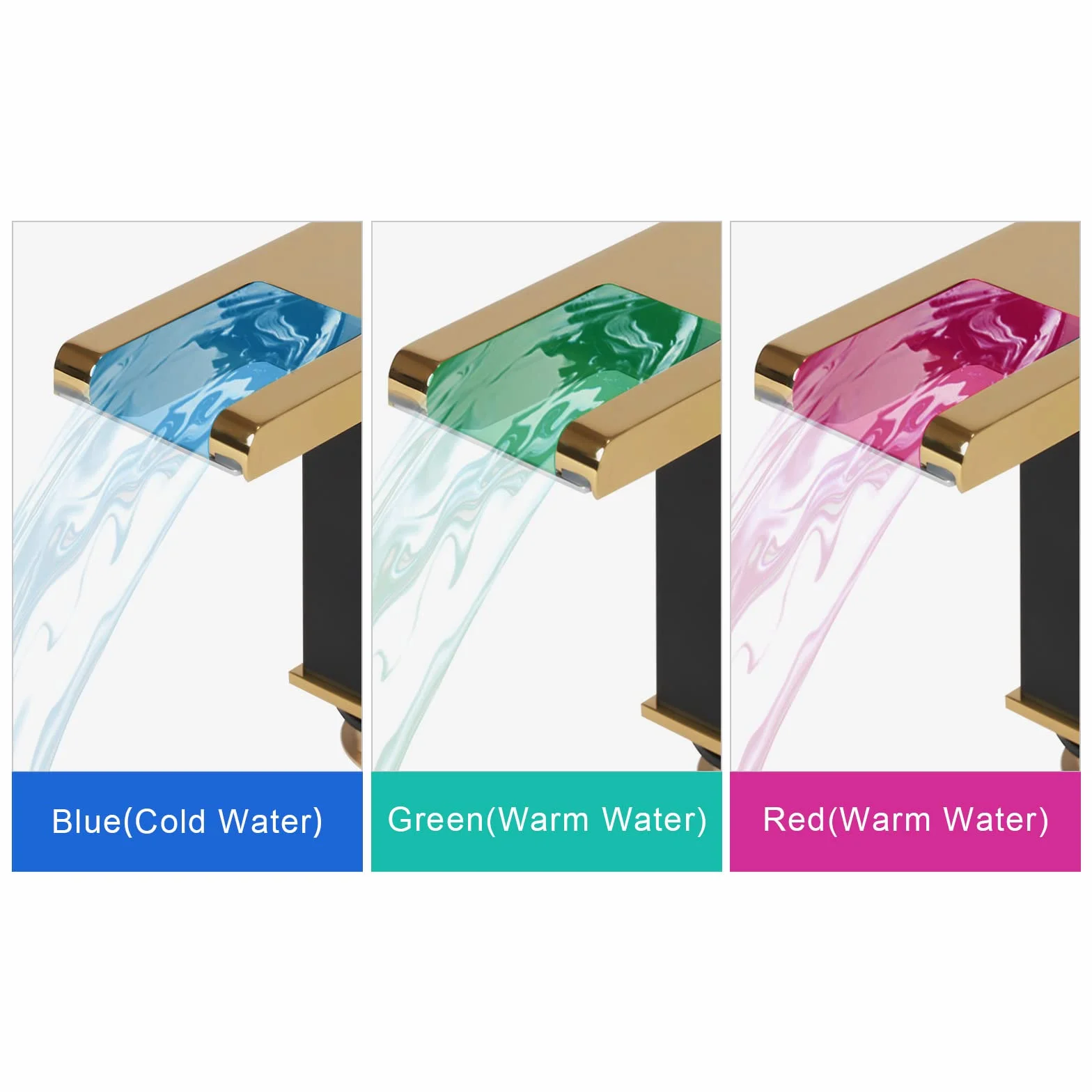 Bateria umywalkowa LED, 3 kolory, G1/2", wodospad, armatura ze stali nierdzewnej z 2 wężami, do łazienki, kuchni, prysznica