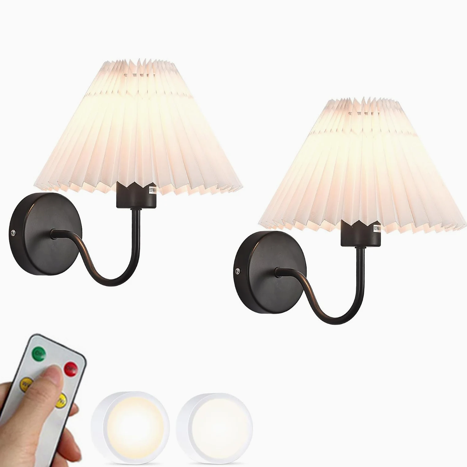SEMANHUA Zestaw 2 nowoczesnych lamp ściennych z połowy wieku na baterie, biały plisowany abażur, gęsiej szyja, bezprzewodowa lampa ścienna z czarnym pilotem, do sypialni, łóżka, salonu, głowy
