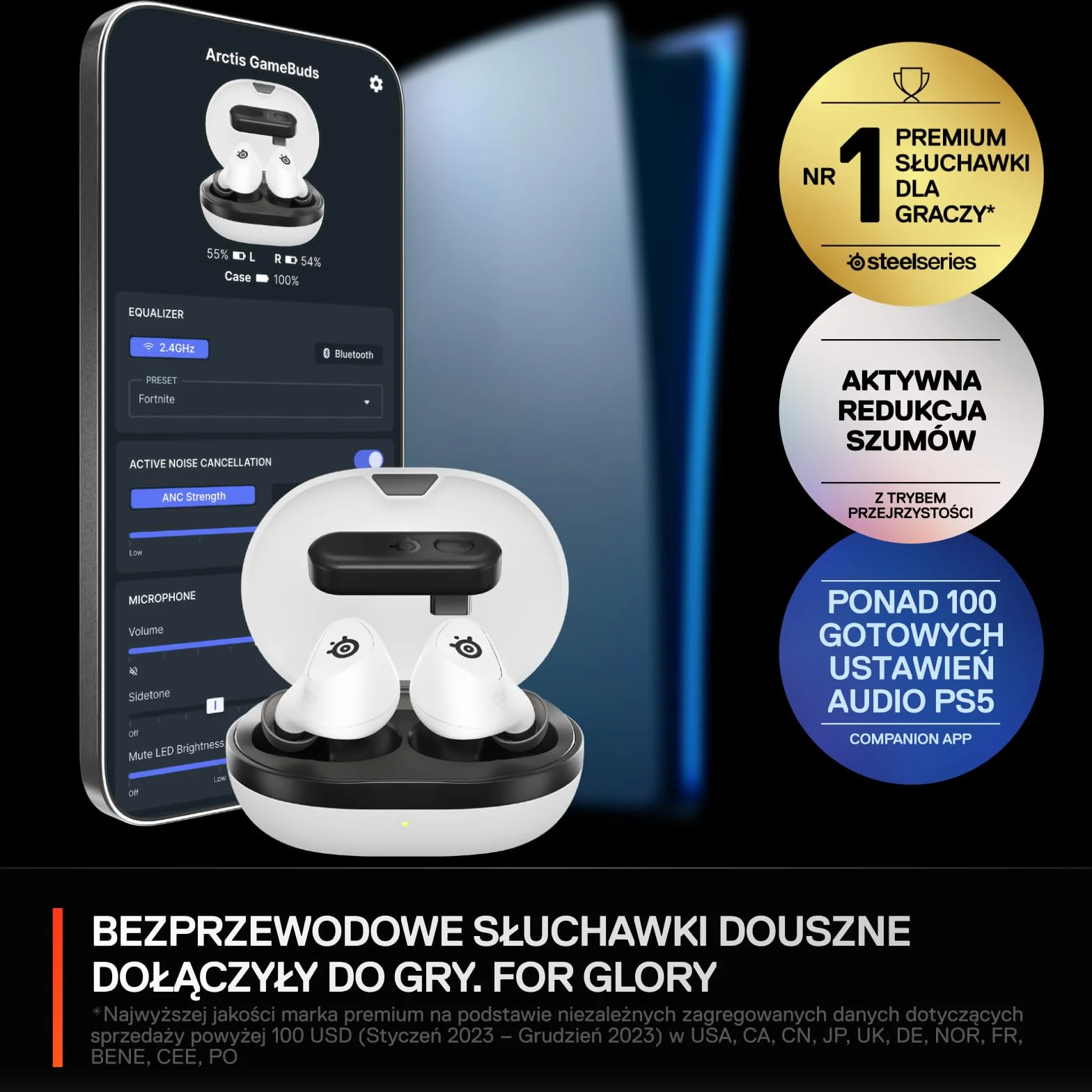 SteelSeries Arctis GameBuds Bezprzewodowe Słuchawki Douszne do Gier PS5 PC Switch, 2,4 GHz+BT 5.3, ANC, 40 godz. Bateria, Ładowanie Bezprzewodowe
