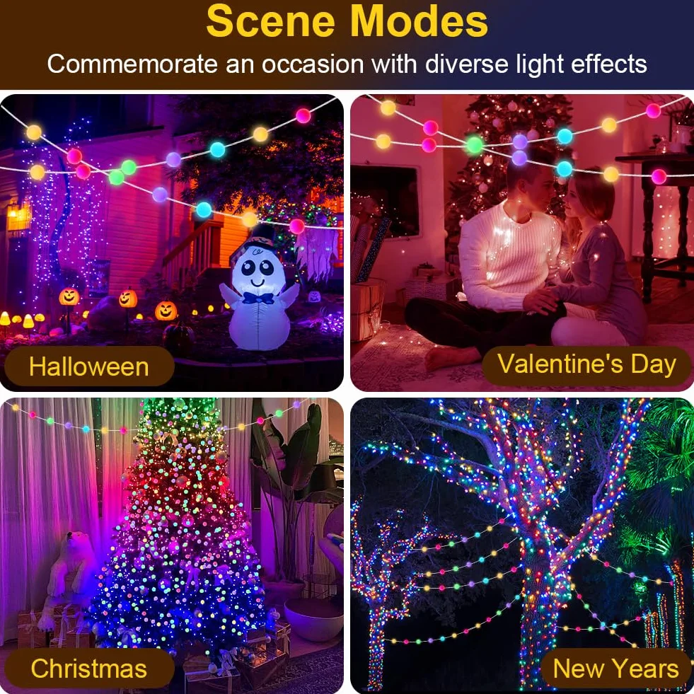 AUAUY Smart Globe String Lights, 10M 66 LED Outdoor/Indoor String Lights, Zmiana koloru, Zasilane przez USB, z aplikacją, Dekoracja na imprezę Halloween, Boże Narodzenie