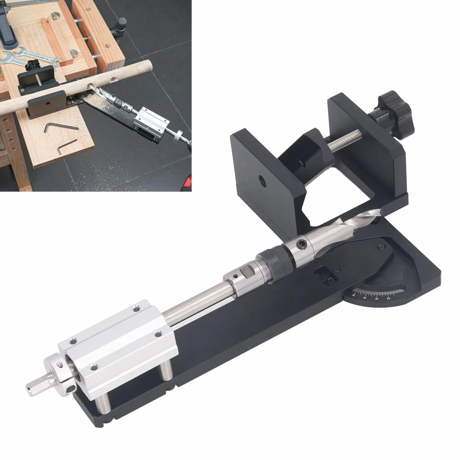 Yosoo Health Gear Zestaw wierteł Kątowych do Drewna Prowadnica wierteł Kątowych ze Stopu Aluminium 0 do 60 Stopni dla Pręta Okrągłego o średnicy od 30 70 Mm z Suwakiem 60 Mm Stolarki Drewnianej