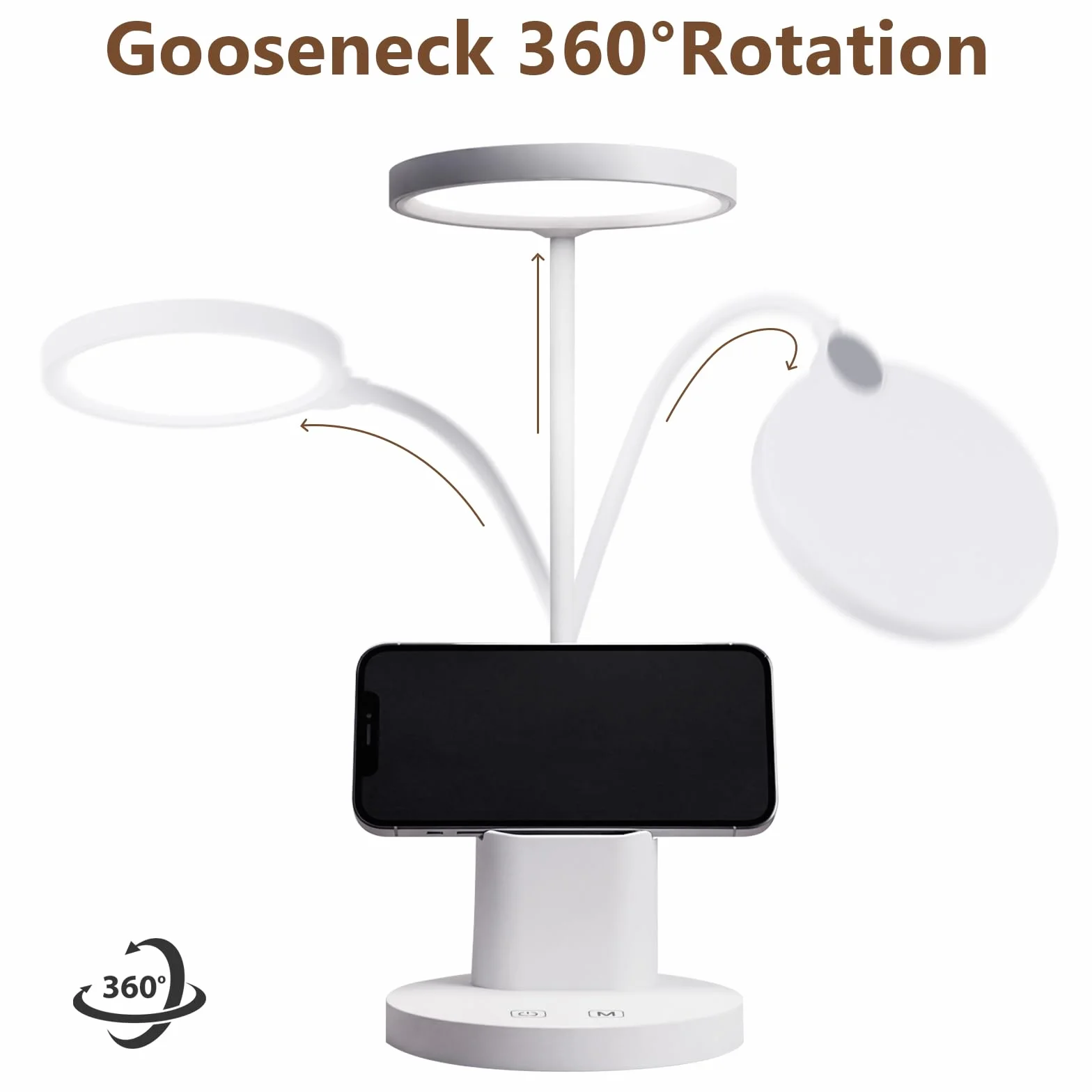 LQWELL Lampka biurkowa LED Touch dla dzieci i dorosłych, 360°, gęsia szyja, 3 kolory i regulacja jasności, z uchwytem na długopis i telefon, przewód zasilający 1,2 m, wtyczka, kolor biały