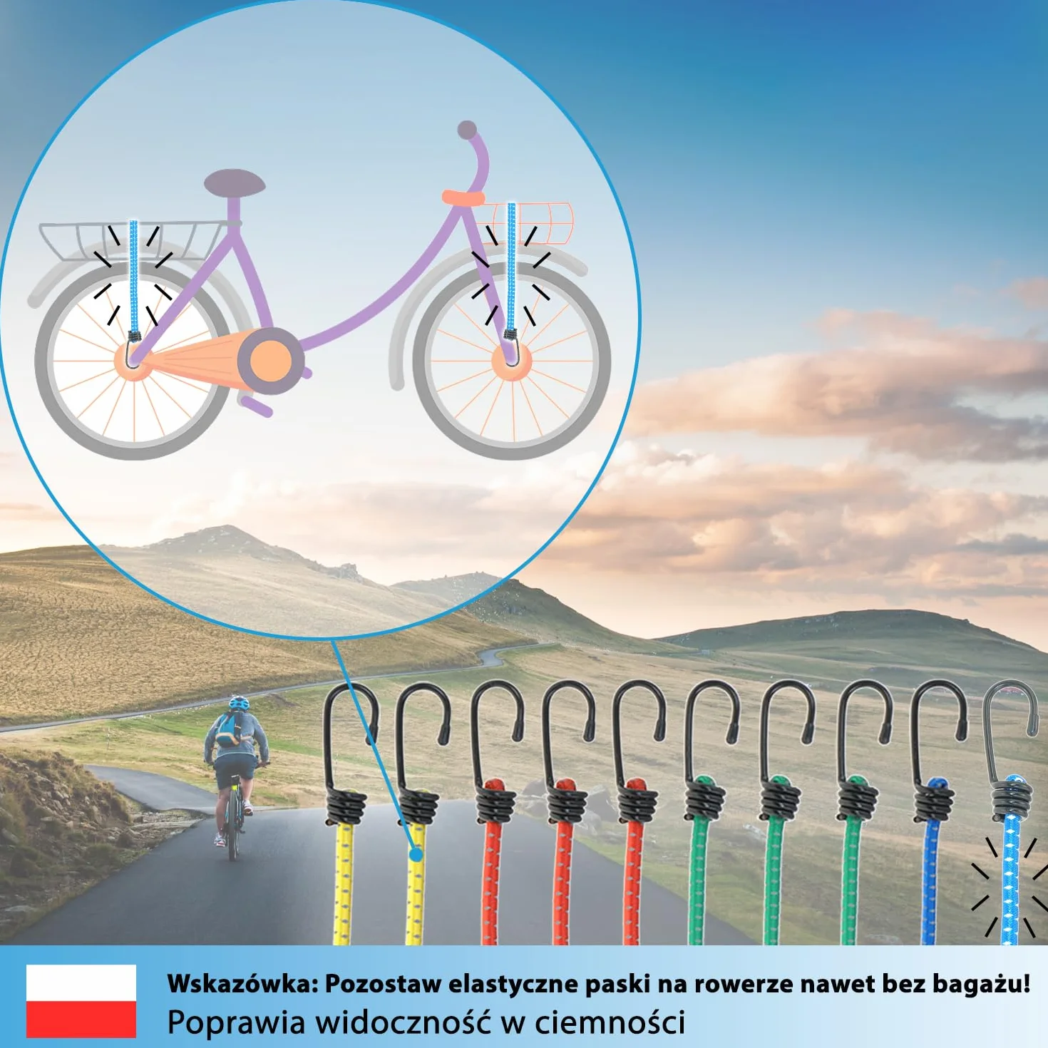 valonic KRAKEN - guma mocująca z hakami - odblaskowa, zestaw 10 sztuk, rozciągliwość 200% - ekspander, napinacz bagażowy do rowerów i bagażników, lina gumowa