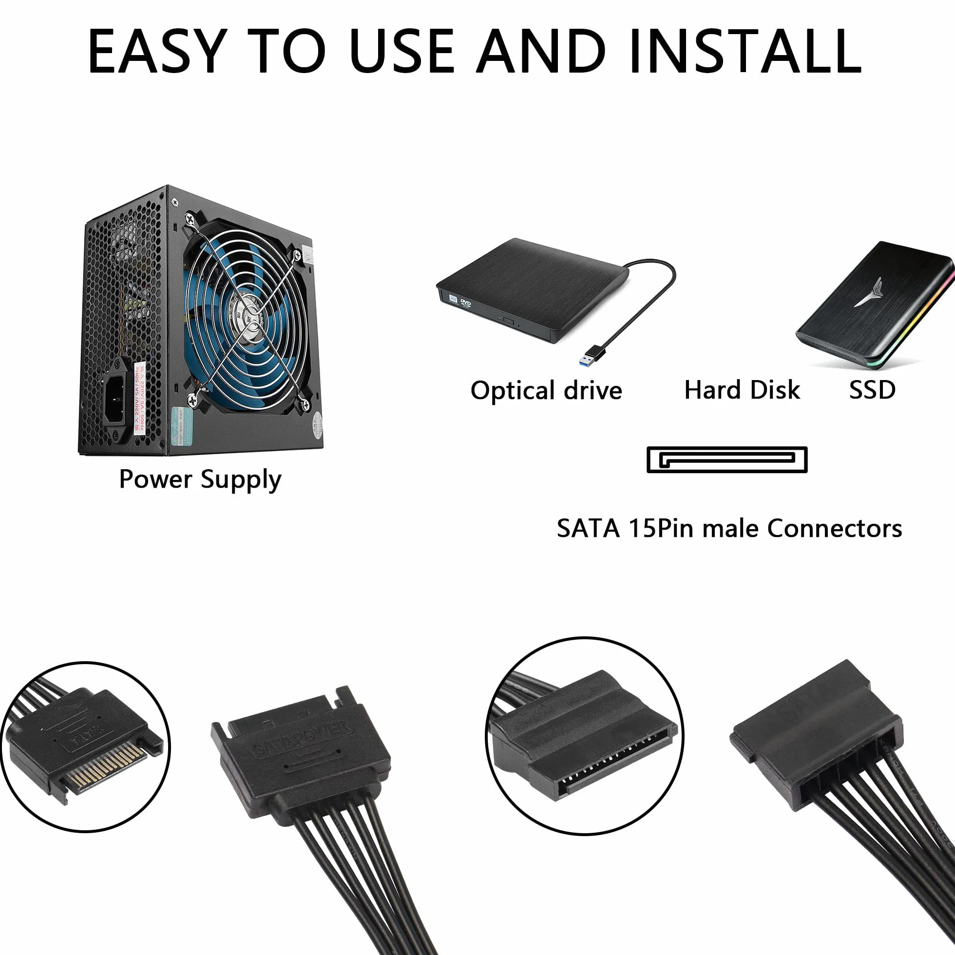 SinLoon 15-Biegunowy Kabel Rozdzielający SATA-Power, 15-Stykowy Kabel Szeregowy Do 3 SATA