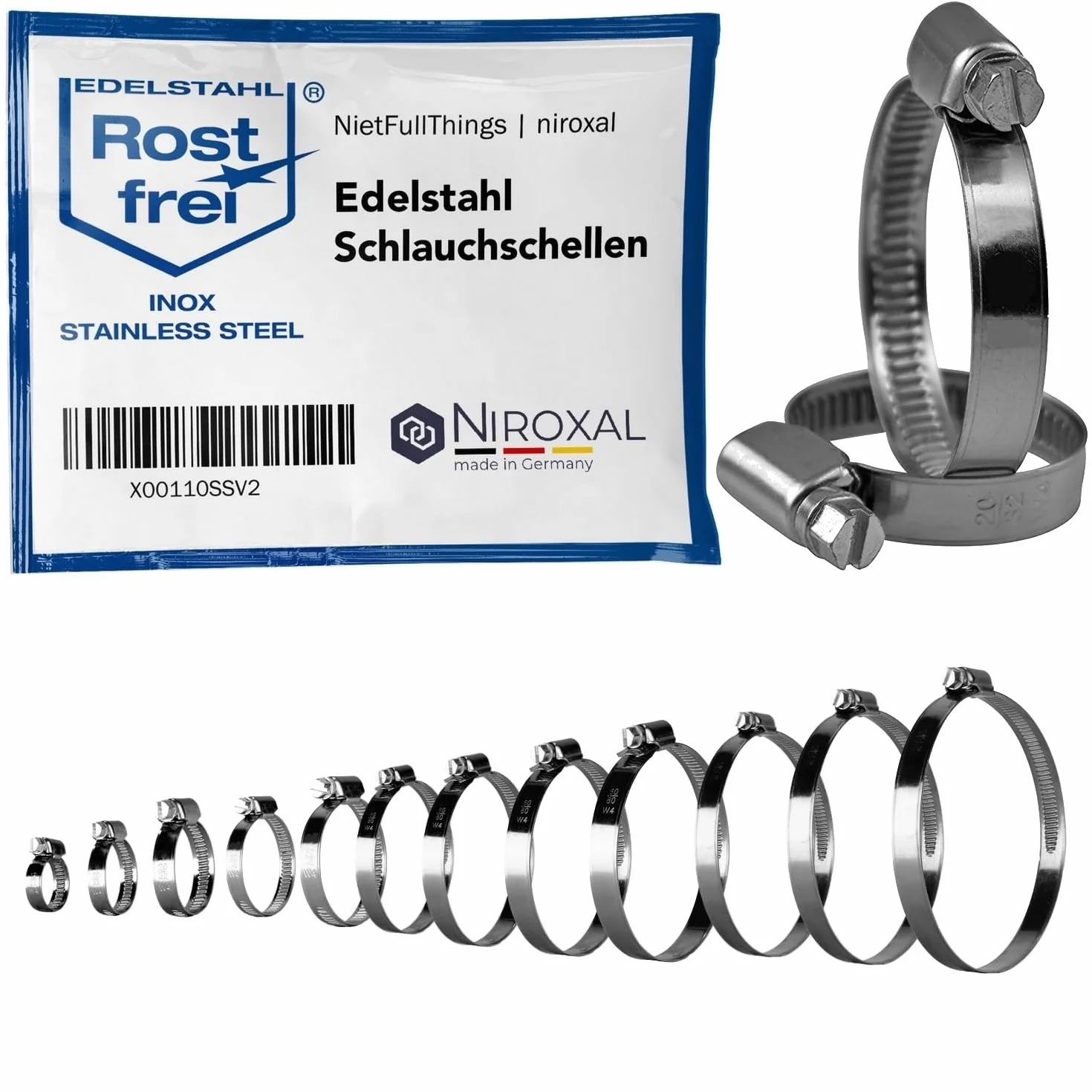 Zaciski do węża ze stali nierdzewnej, zakres mocowania 10-16/12-22/16-27/20-32 mm, szerokość paska 9 mm, stal nierdzewna V2A, zacisk do rur, asortyment DIN-3017 W4