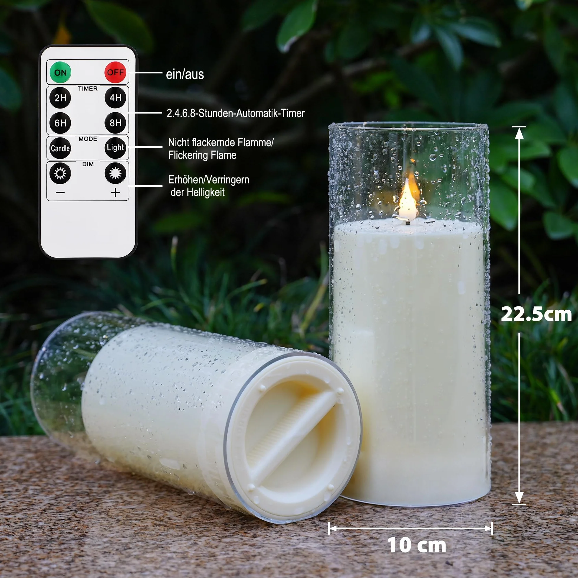 yunsheng 2 sztuki wodoodporne bezpłomieniowe świece na zewnątrz z pilotem i timerem, 10 cm x 22,5 cm świece na baterie z odpinaną akrylową misą, duże LED migoczące świece do dekoracji patio