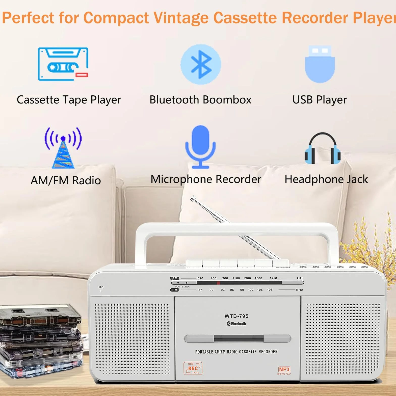 WISCENT Odtwarzacz kasetowy USB Bluetooth AM FM Radio stereo konwerter MP3 przenośny