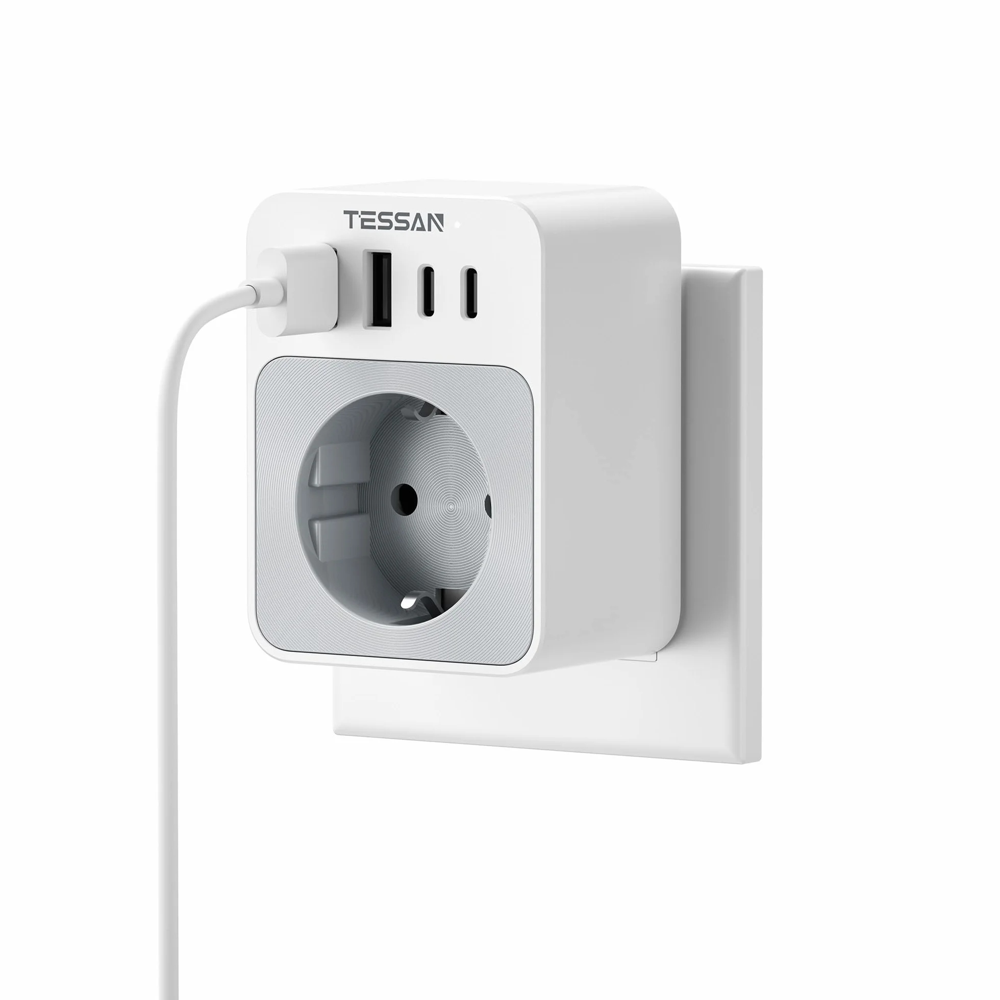 TESSAN Adapter USB C 15W płaskie gniazdo 3600W wielokrotna wtyczka gniazdko ścienne szary