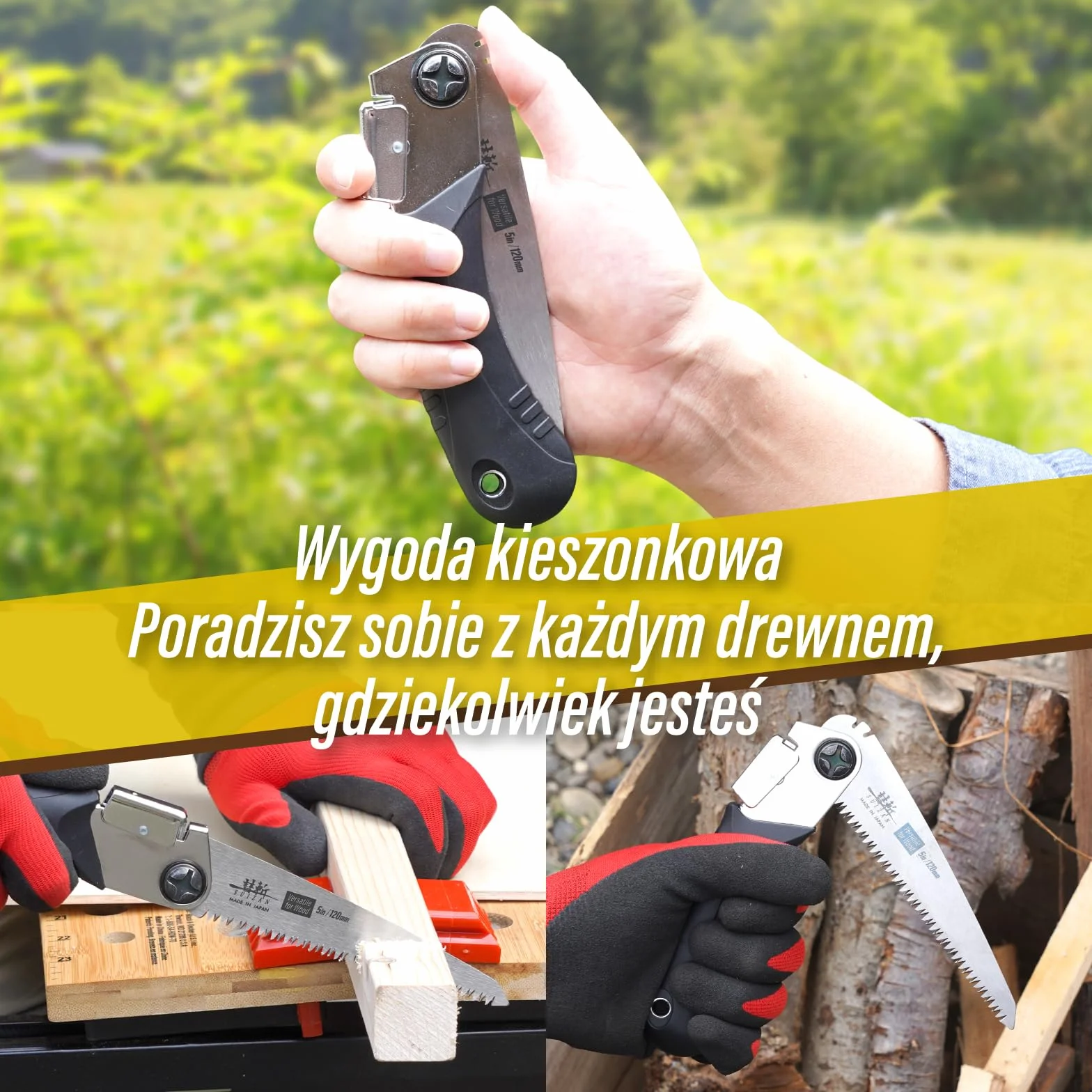 SUIZAN Japońska Piła Składana 120mm Wszechstronna do Drewna - Kieszonkowe Narzędzie do Ogrodnictwa Przycinania Stolarki DIY i Użytku na Zewnątrz