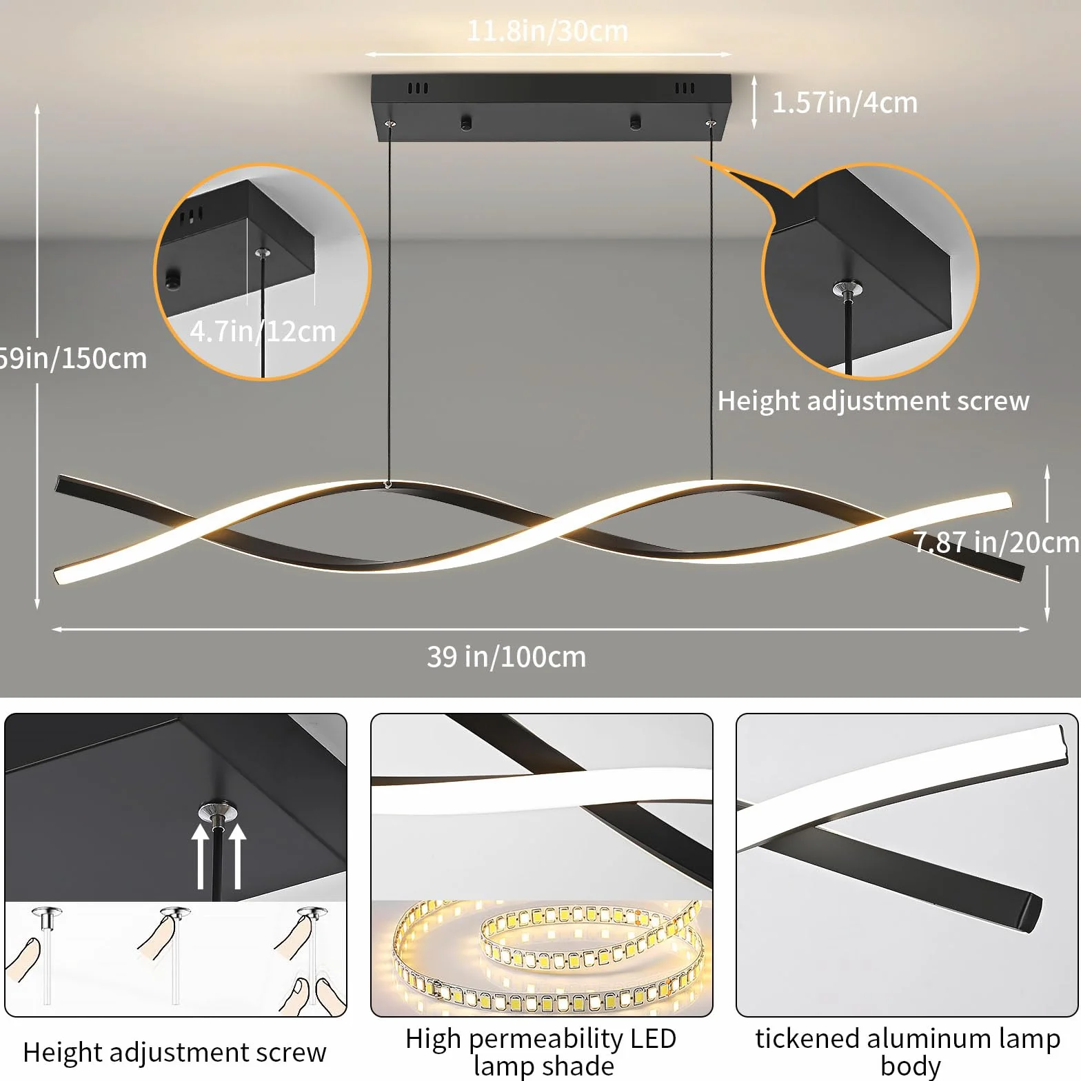 Lampy wiszące LED, 3300-6500 K, regulowana temperatura barwowa, wiszące oświetlenie wiszące, 100 cm, żyrandol ściemniany za pomocą pilota zdalnego sterowania, aluminiowa lampa oświetleniowa do kuchni