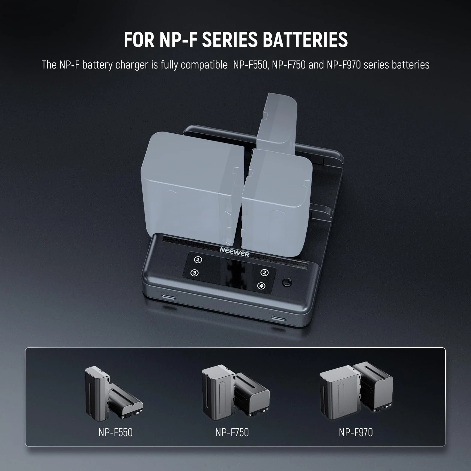 NEEWER NW-F4R 4-kanałowa ładowarka NP-F970 kompatybilna Sony NPF, PD100W podwójny USB C OLED