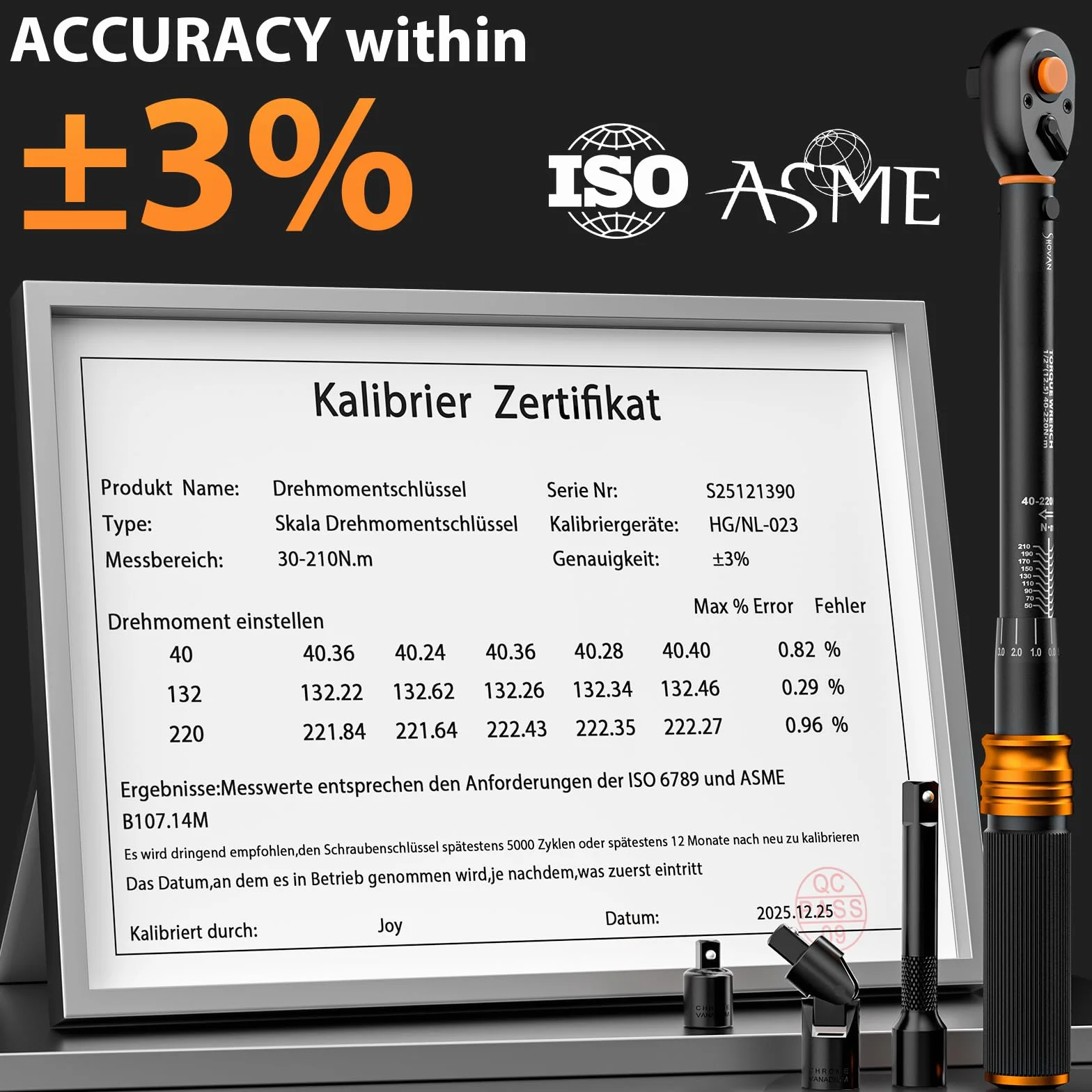 ss shovan Klucz dynamometryczny do samochodu, 1/2 cala, 40-220 Nm, atest TÜV Süd GS, 4-częściowy zestaw do wymiany opon z kliknięciem ±3% – przedłużenie 125 mm, adapter i przegub uniwersalny – do