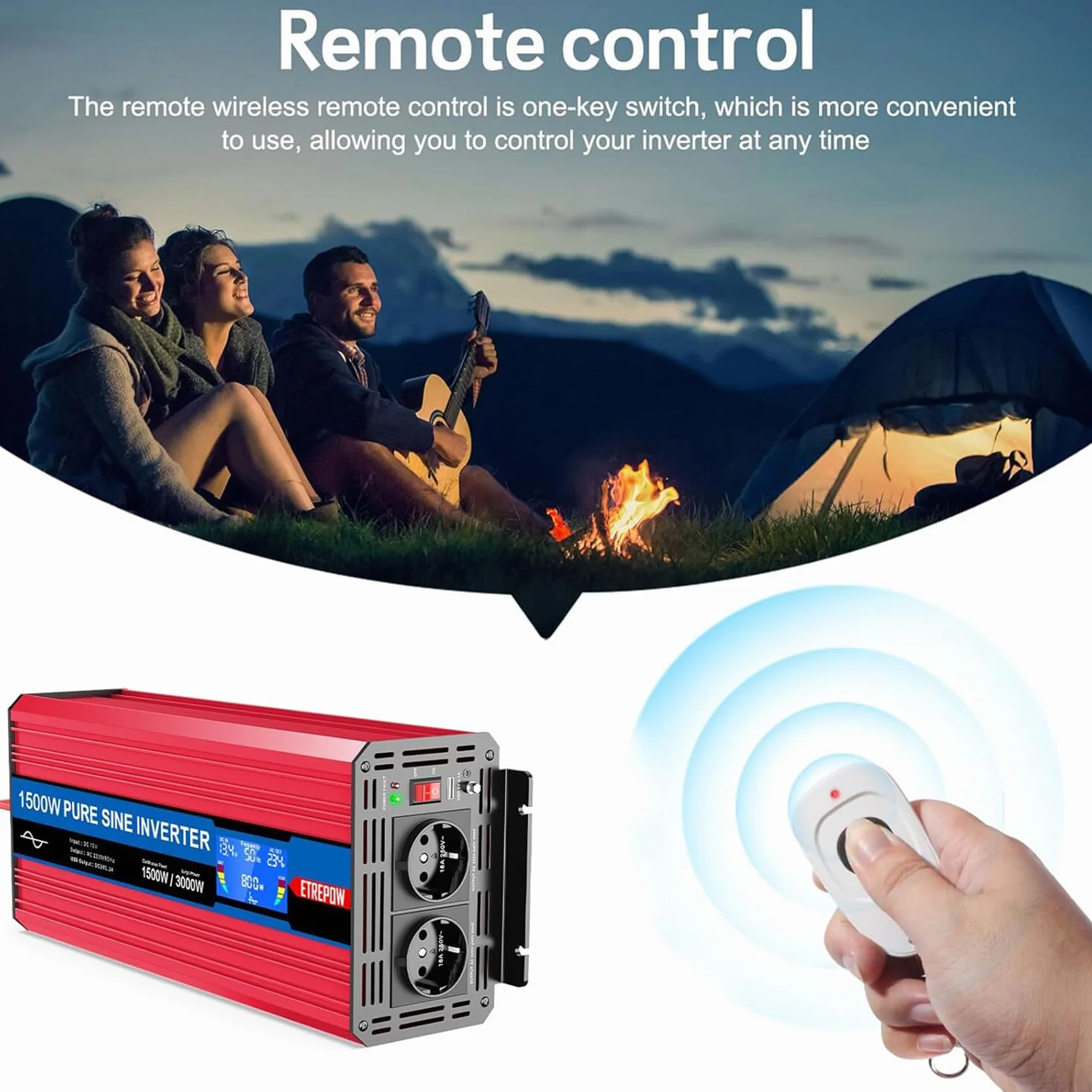 1500W Przetwornica 12v 230v Czysty Sinus z 2 gniazdami EU i bezprzewodowym pilotem, ekranem LCD, Falownikiem Nadaje się do użytku na zewnątrz, w domu, na kempingu, w kamperze