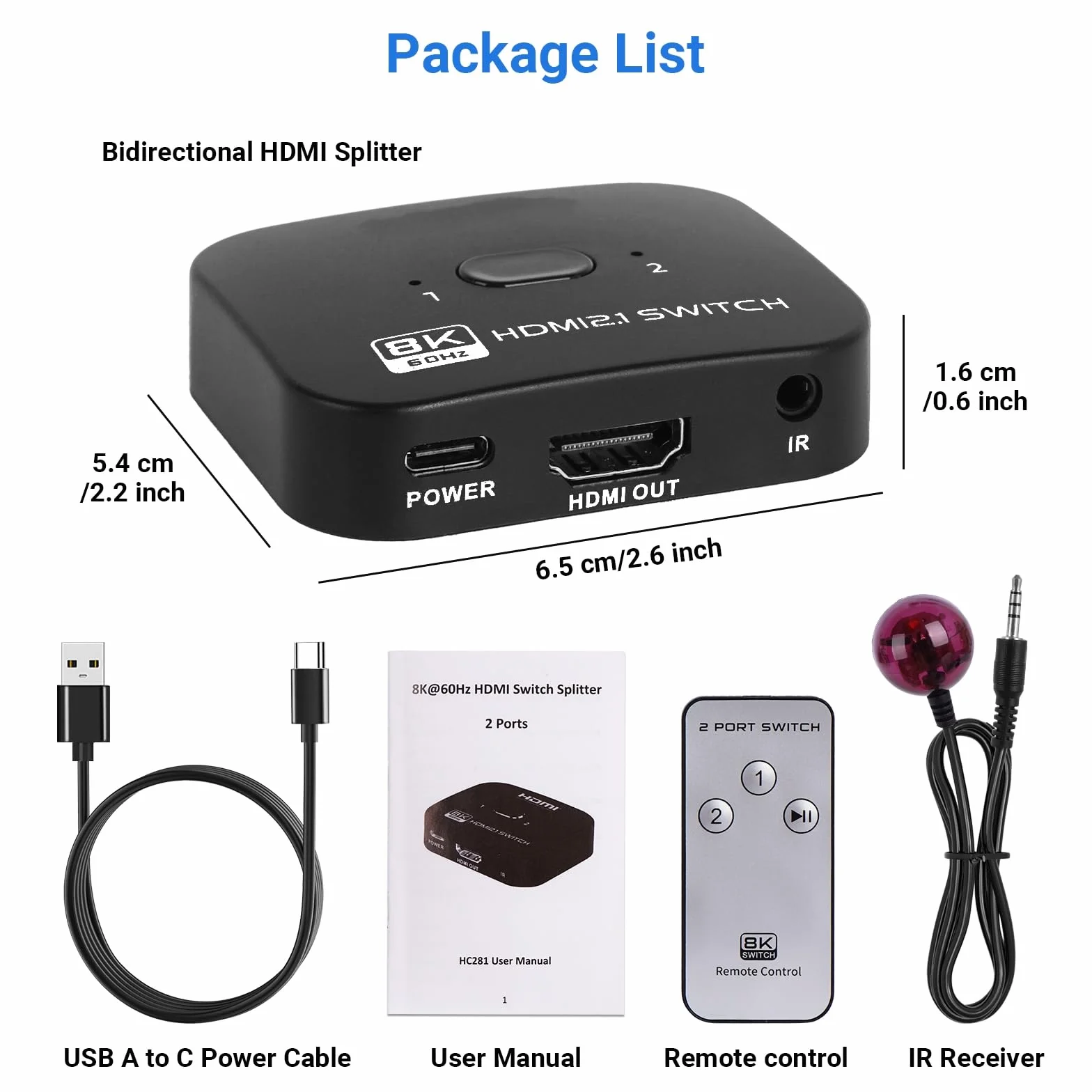 Przełącznik HDMI 8K 60Hz 4K 120Hz 2 w 1 rozdzielacz HDMI 1 w 2 z kablem zasilającym