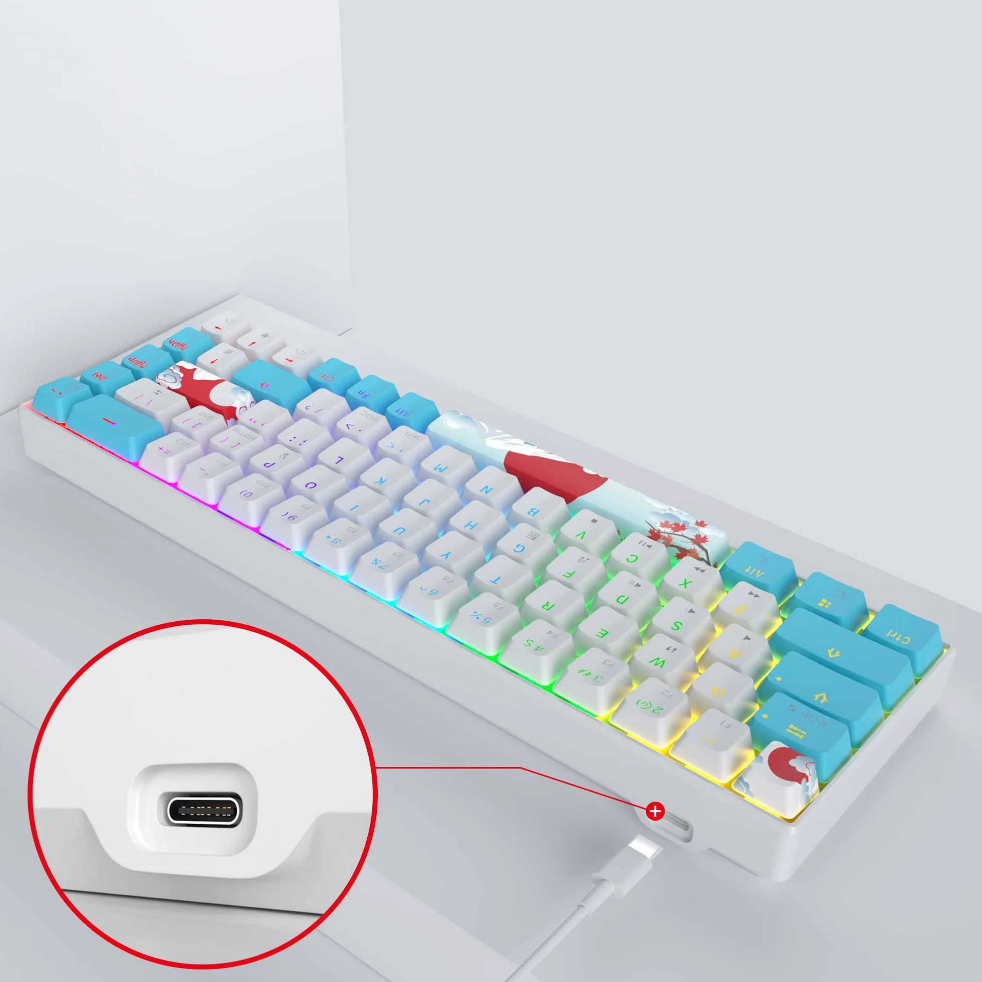 Przewodowa mechaniczna klawiatura do gier 65% z niebieskim przełącznikiem RGB 68 klawiszy N-Key Rollover do PC PS5 Xbox niebieski