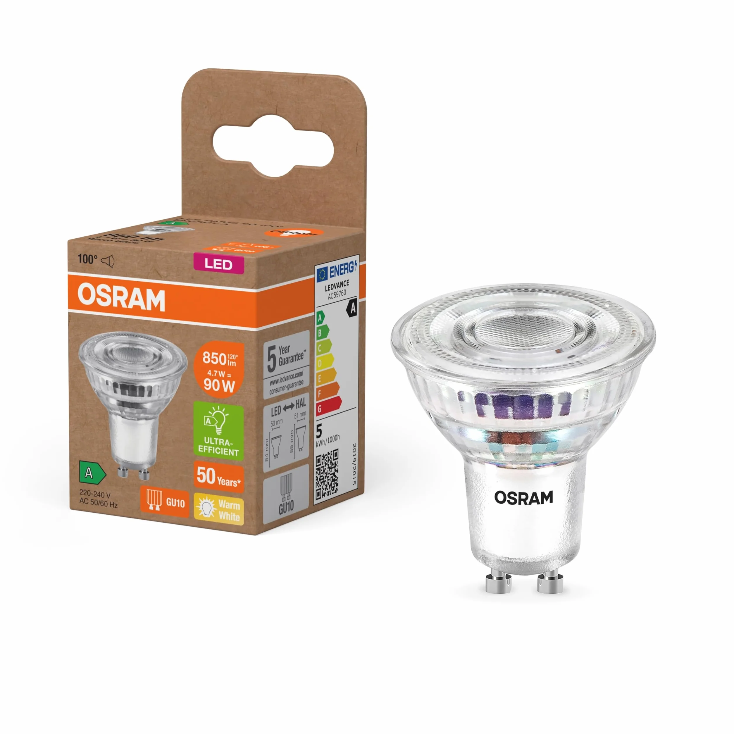 Reflektor LED OSRAM klasy energetycznej PAR16 o mocy 4,7 W, 850 lm, ciepłej bieli (2700 K) wykonany z przezroczystego szkła bezołowiowego z trzonkiem GU10 w klasie efektywności energetycznej A,