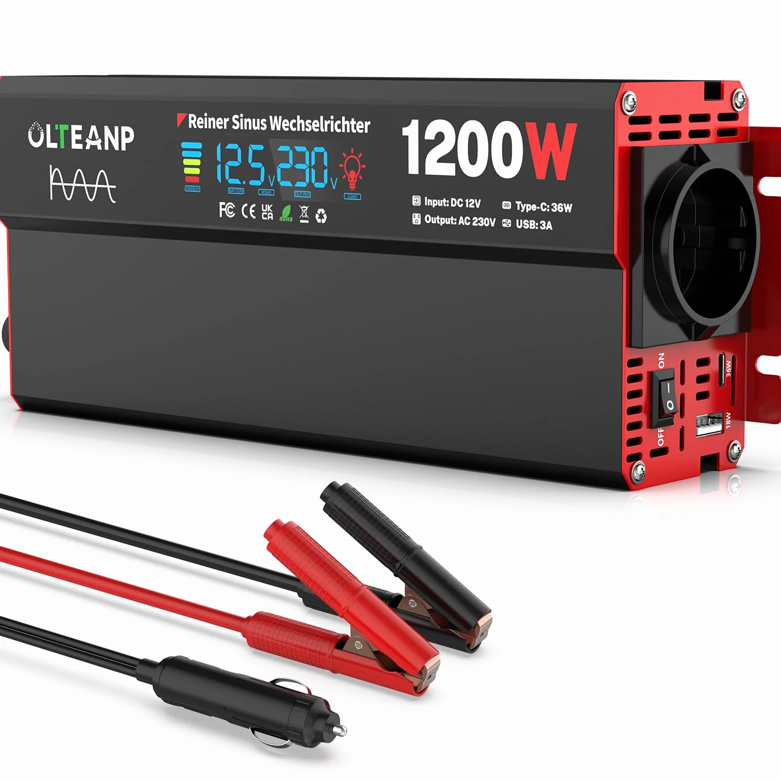 Falownik 12 V na 230 V czysty sinus 1200 W z wyświetlaczem LCD gniazda AC USB 36 W