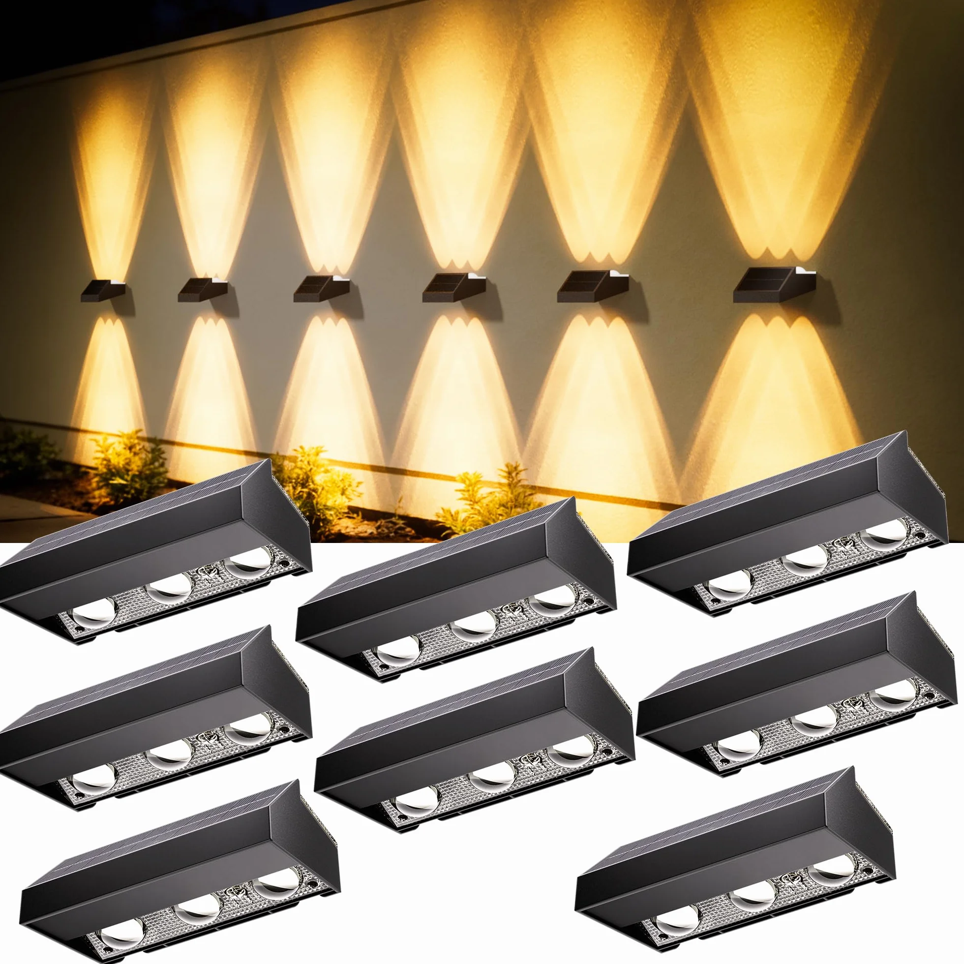 Quntis zewnętrzne lampki ogrodzeniowe na energię słoneczną, 8 sztuki w zestawie, lampki ścienne na energię słoneczną, ciepłe białe światło i RGB, wodoodporne lamp o stopniu ochrony IP44 do balkonu