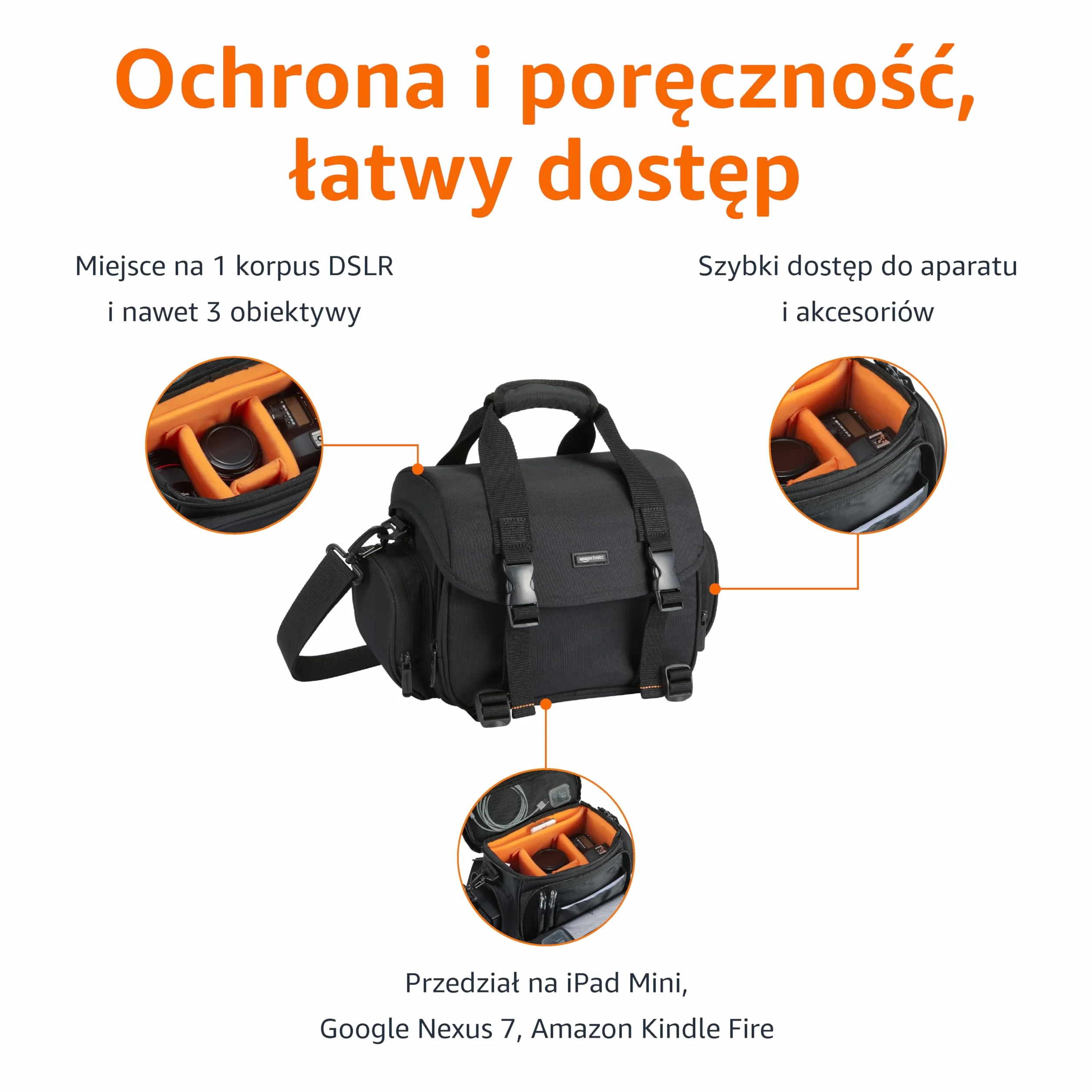Amazonbasics Torba Na Ramię Na Lustrzankę, Czarny/Pomarańczowy, 32.4 x 20.3 x 24.8 cm