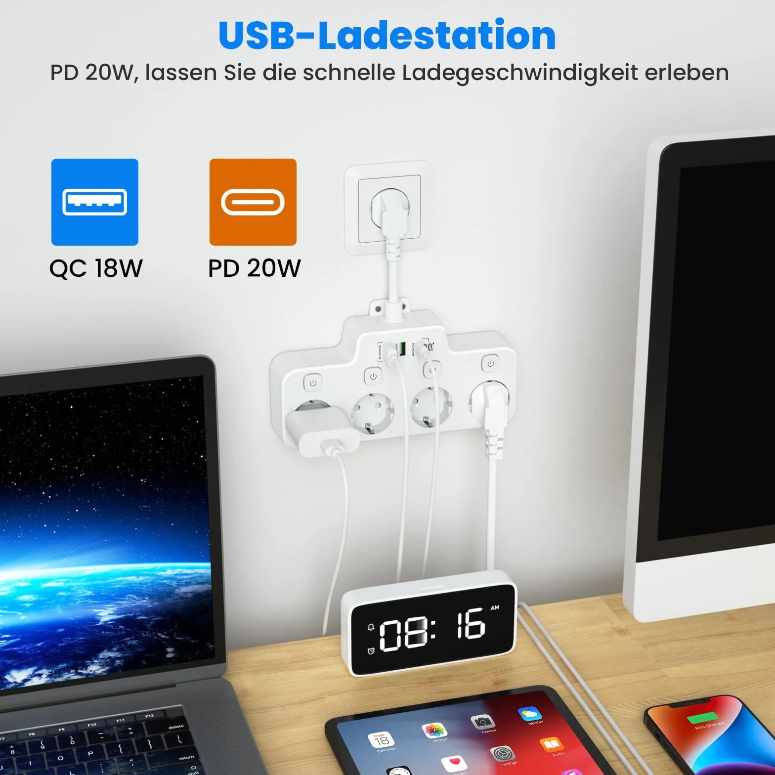 Listwa Zasilająca USB C PD 20W 4 Gniazda z Przełącznikiem Biały Kabel 0.15m