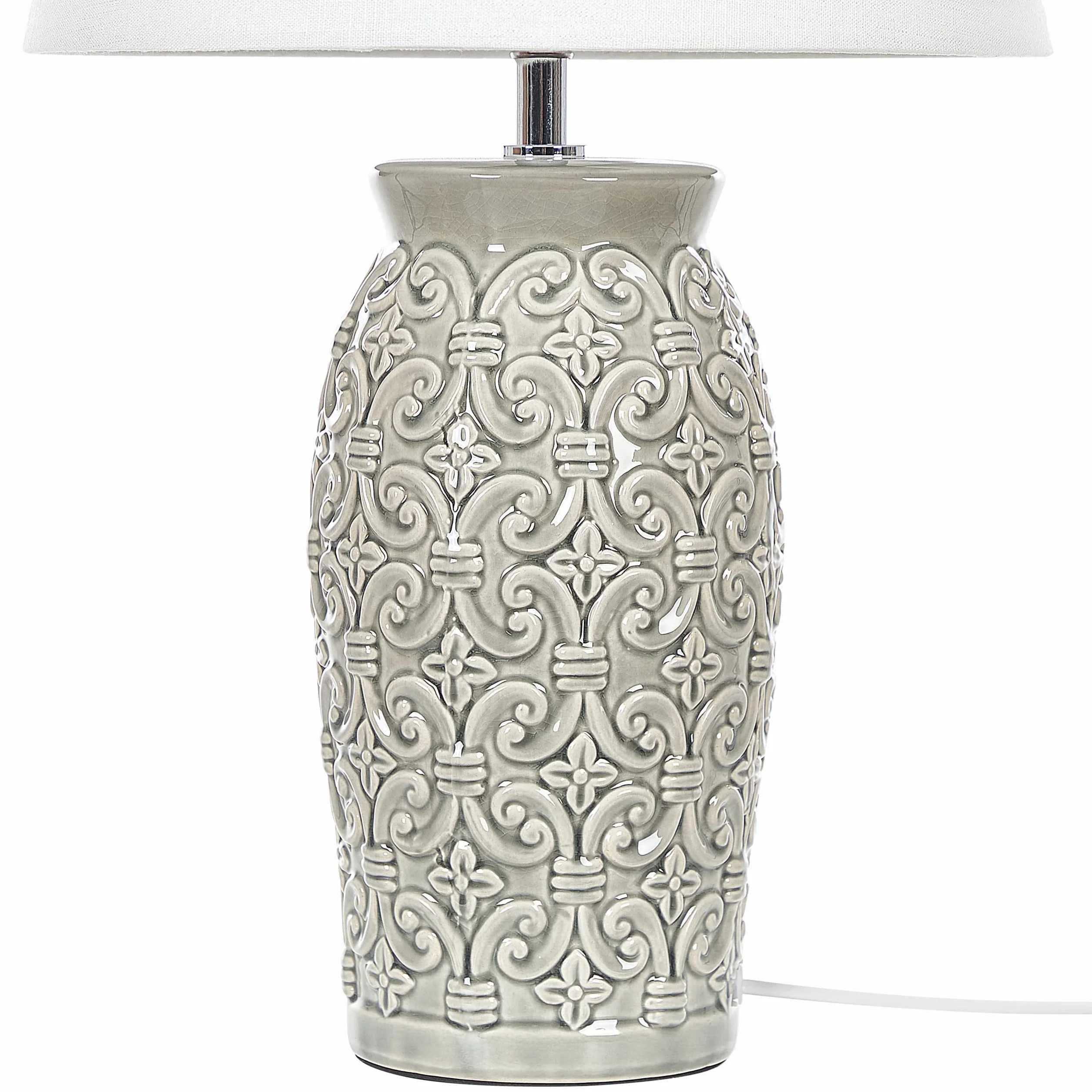 Elegancka lampa stołowa nocna ceramiczna szara z białym abażurem Khoper