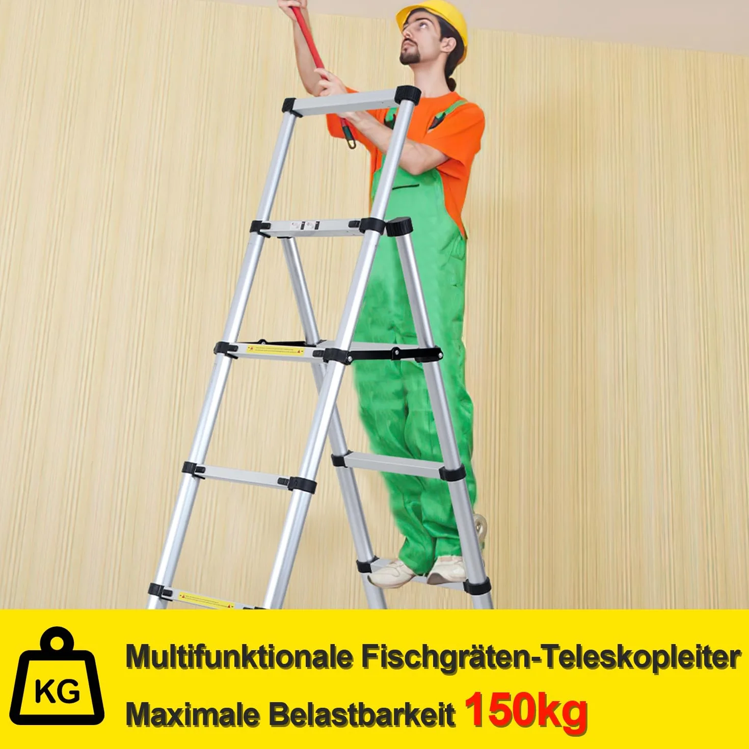 Aluminiowa drabina teleskopowa, składana drabina 1,4 m + 1,7 m, rama A 4 + 5 stopni, drabina wielofunkcyjna, nośność 150 kg, EN131