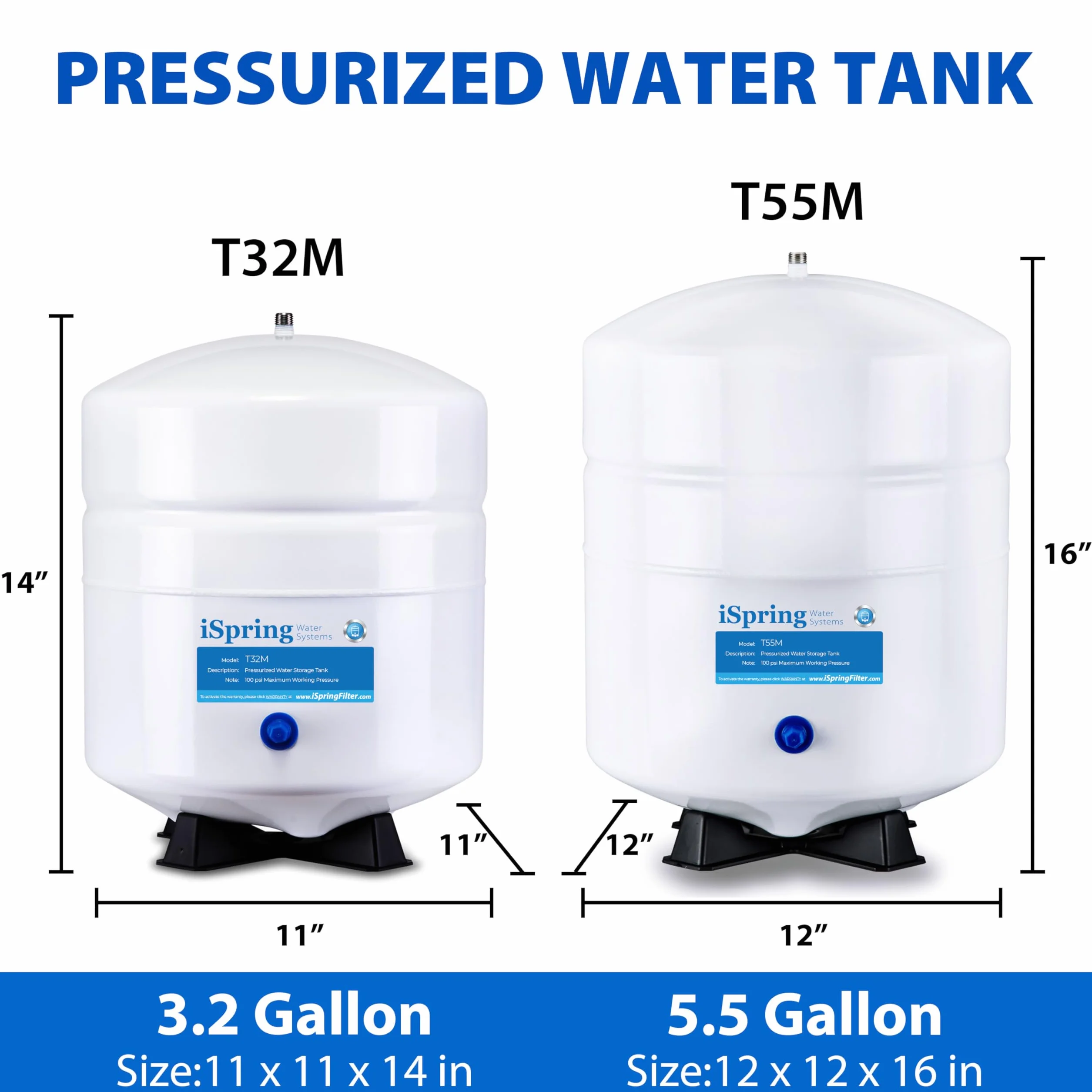 iSpring T32M Zbiornik na wodę pod ciśnieniem z zaworem kulowym do systemów odwróconej osmozy RO, 4 l, zawór zbiornika 1/10.2 cm w zestawie