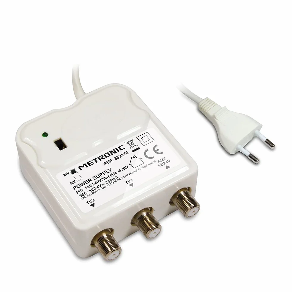 METRONIC 332170 Wzmacniacz wewnętrzny 2 wyjścia TV 9,52 mm Zasilacz 12/24V Biały