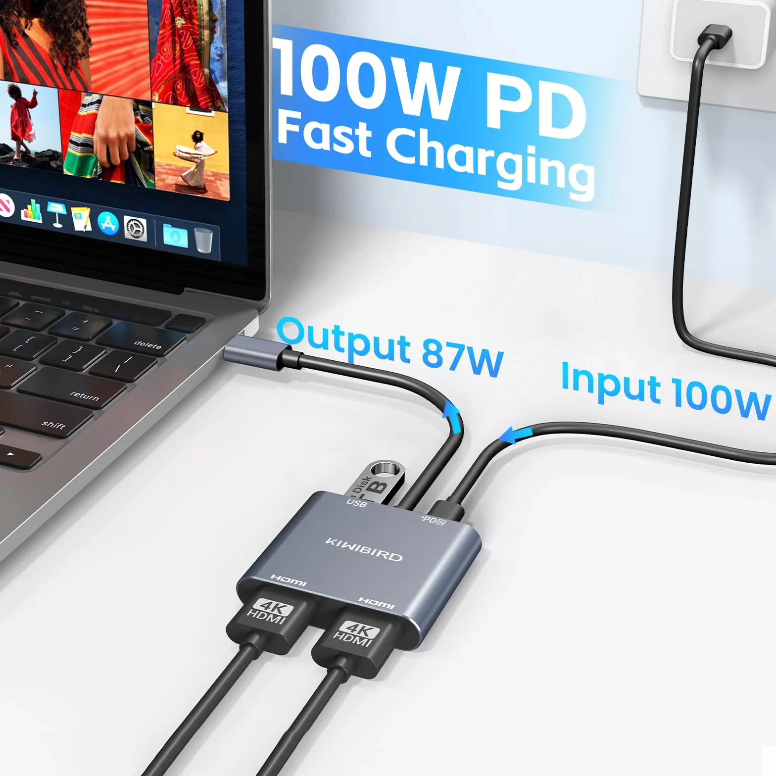 KiWiBiRD USB C na Dual HDMI Hub, Type C na HDMI Splitter do 2 monitorów rozszerzony wyświetlacz 4K PD 100W 2160p 1440p 1080p HDCP, kompatybilny z laptop PC TV projektor
