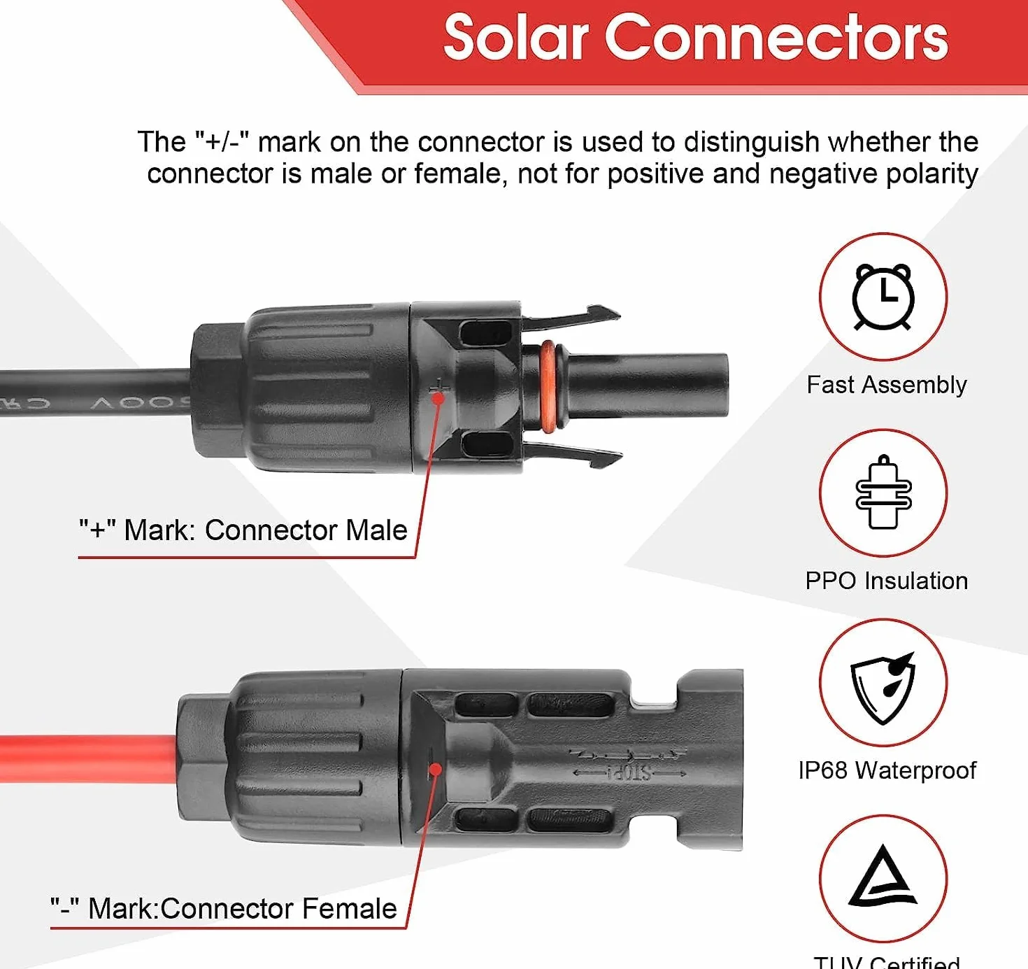 Zestaw zacisków solarnych do paneli słonecznych 2,5/4/6 mm², kabel PV, 1 x pręt dociskowy PV, 10 par złączy do kabli słonecznych, 10 par męskich / żeńskich kolektorów słonecznych, 2 x klucz płaski do