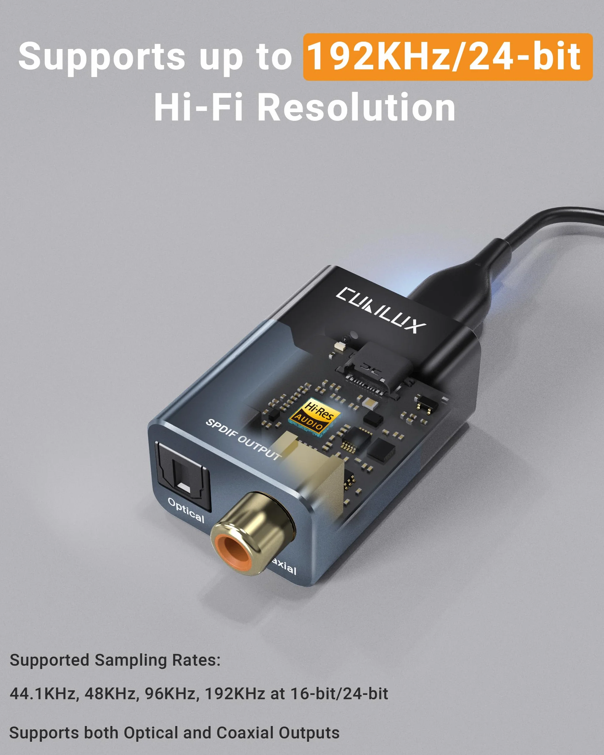 Cubilux USB C/A na optyczny i koncentryczny adapter audio SPDIF, 192 kHz 24 bit PCM, stereo i 5.1 passthrough wyjście cyfrowe, TOSLINK i koncentryczny podwójny port, Plug and Play do laptopa, PC