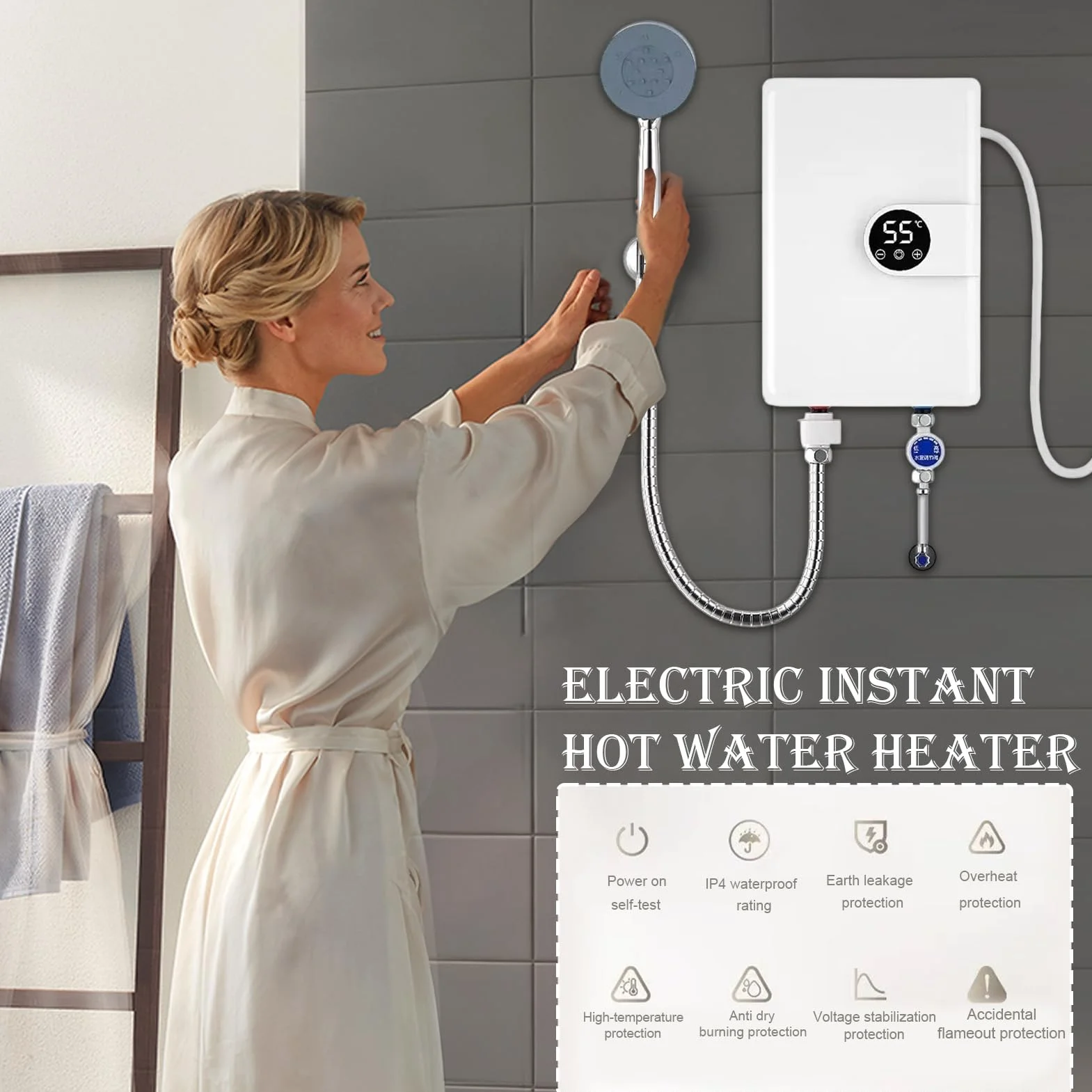Smart Heat Shower – natychmiastowy podgrzewacz wody do łazienki | ABS / stal nierdzewna z dotykowym sterowaniem LED, konstrukcja bez zbiornika, regulowana temperatura, kompaktowy podgrzewacz do