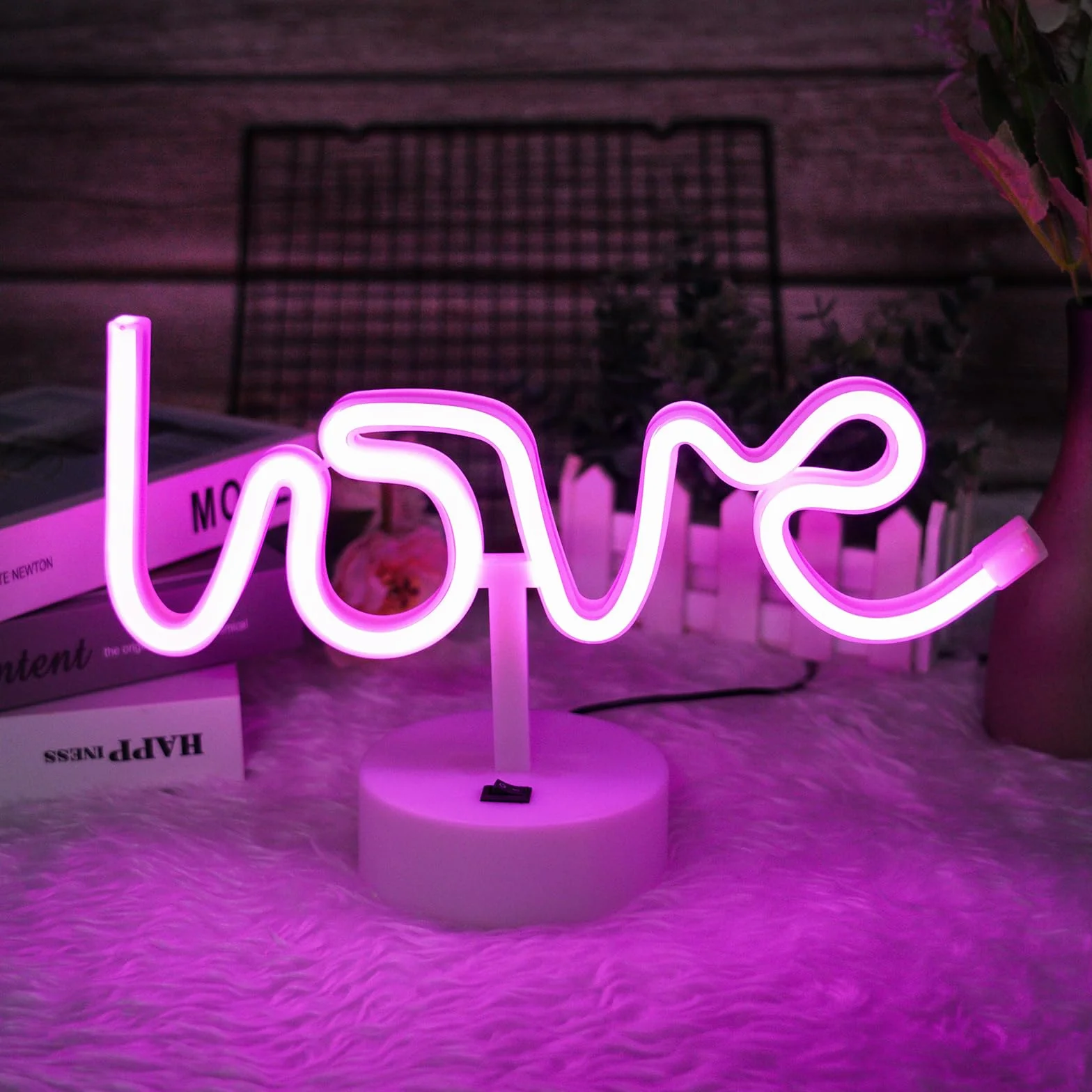 HOTUT Neon z podstawą, LOVE neonowe znaki, Podświetlana dekoracja neonowa LED, zasilane bateriami USB lub 3-AA, neonowe światło, dekoracja stołu LED, na Bedroom Birthday Wedding Party