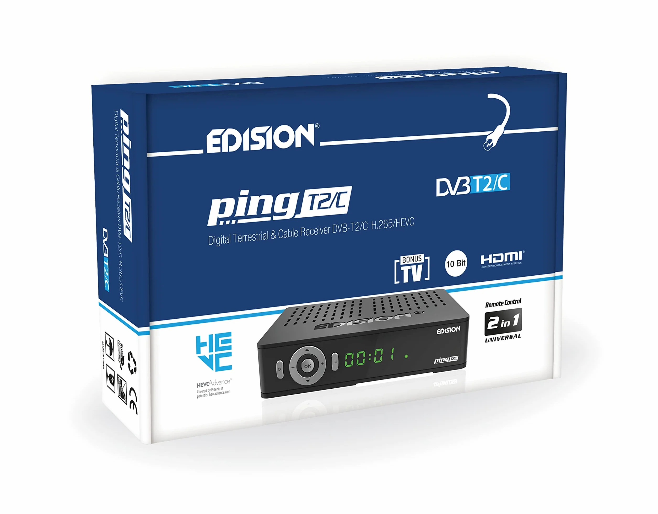 Dekoder dvb-t2 hevc EDISION PING T2/C naziemnej i kablowy Odbiornik, DVB-T2/C H.265, Czytnik kart, Full HD, PVR, 2x USB, HDMI, SCART, LAN, S/PDIF, RS232, IR, Obsługa USB WiFi, Uni. pilot 2w1, Czarny