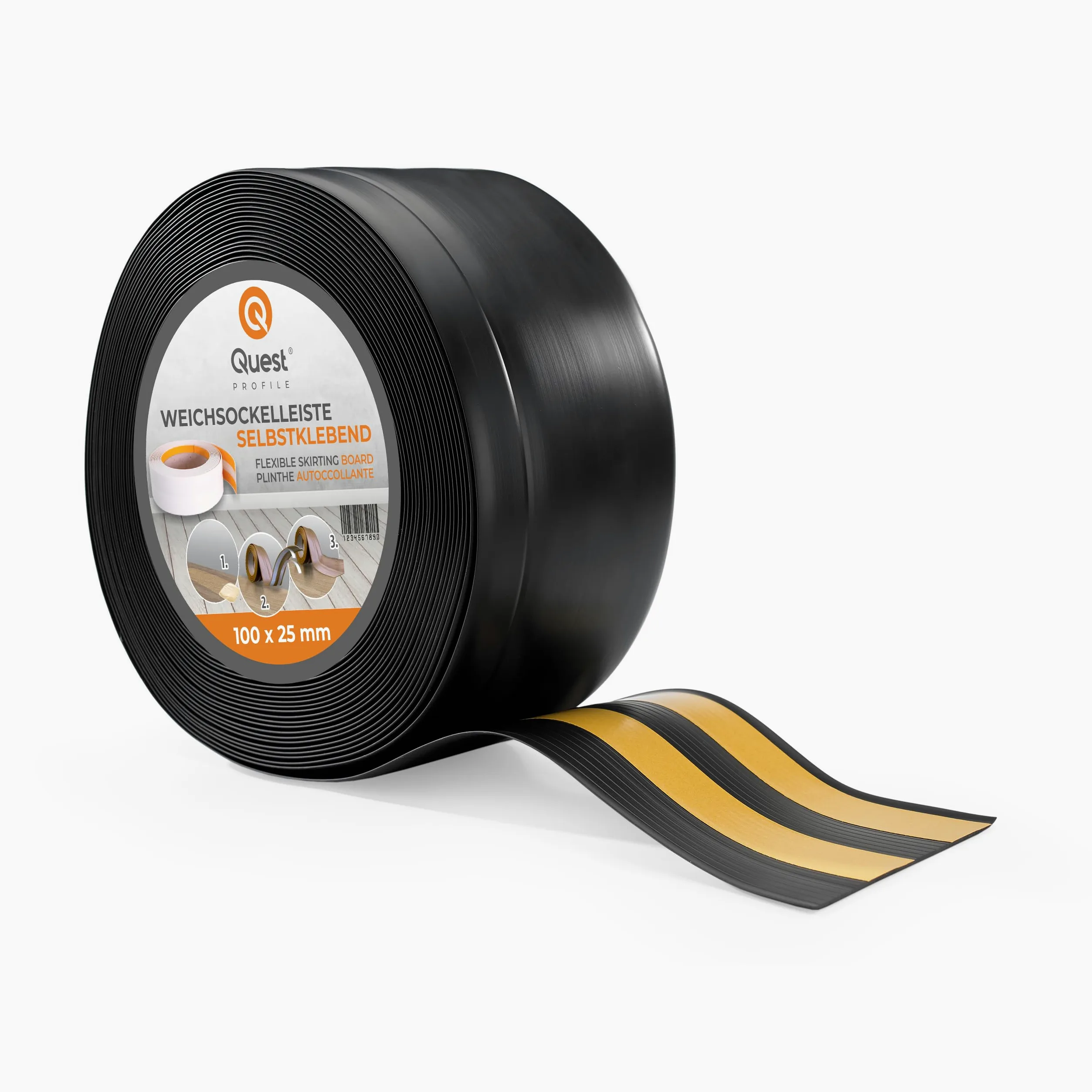 Quest listwa przypodłogowa PVC 100x25 mm samoprzylepna – czarna, 25 m | Wysoki, miękki cokół podłogowy maskujący styk ściany z podłogą, elastyczny, ochronny, łatwy montaż w domu i biurze