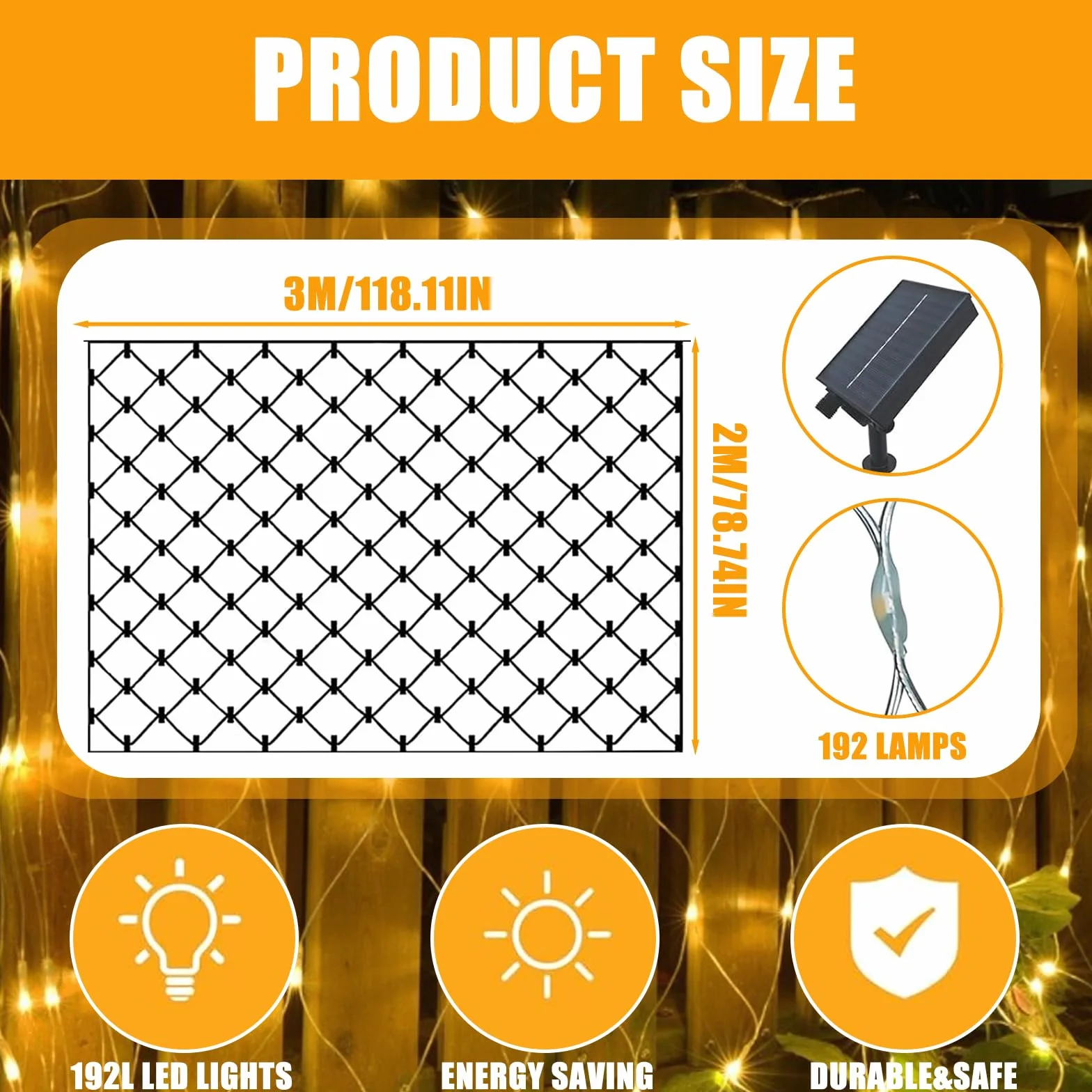 Solarna siatka świetlna na zewnątrz, 3 x 2 m, 192 diod LED, oświetlenie solarne na zewnątrz, pilot zdalnego sterowania, timer, 8 trybów, wodoszczelność IP44, łańcuch świetlny, siatka, ciepła biel, do