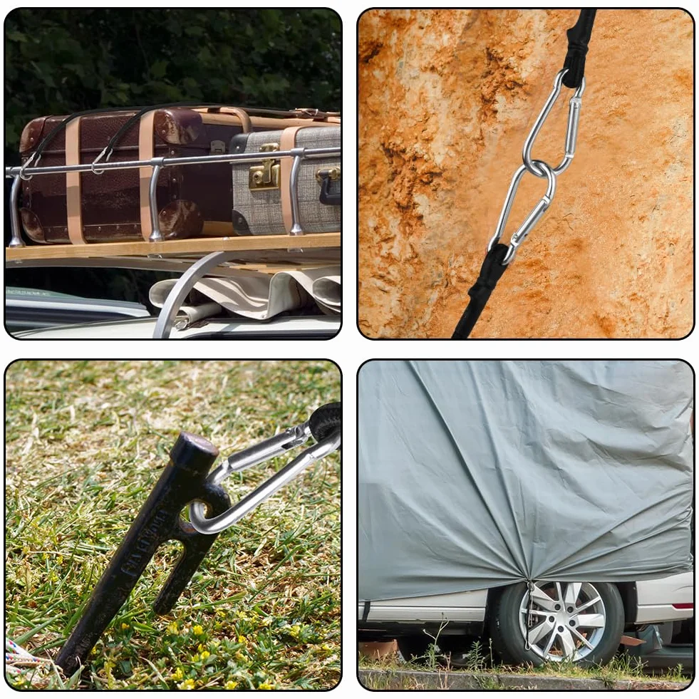 URAQT Elastyczna linka, 4 x linka z karabińczykami, napinacz 60 cm, elastyczny gumowy transport do walizki, haczyków do namiotów, plandek, bagażu