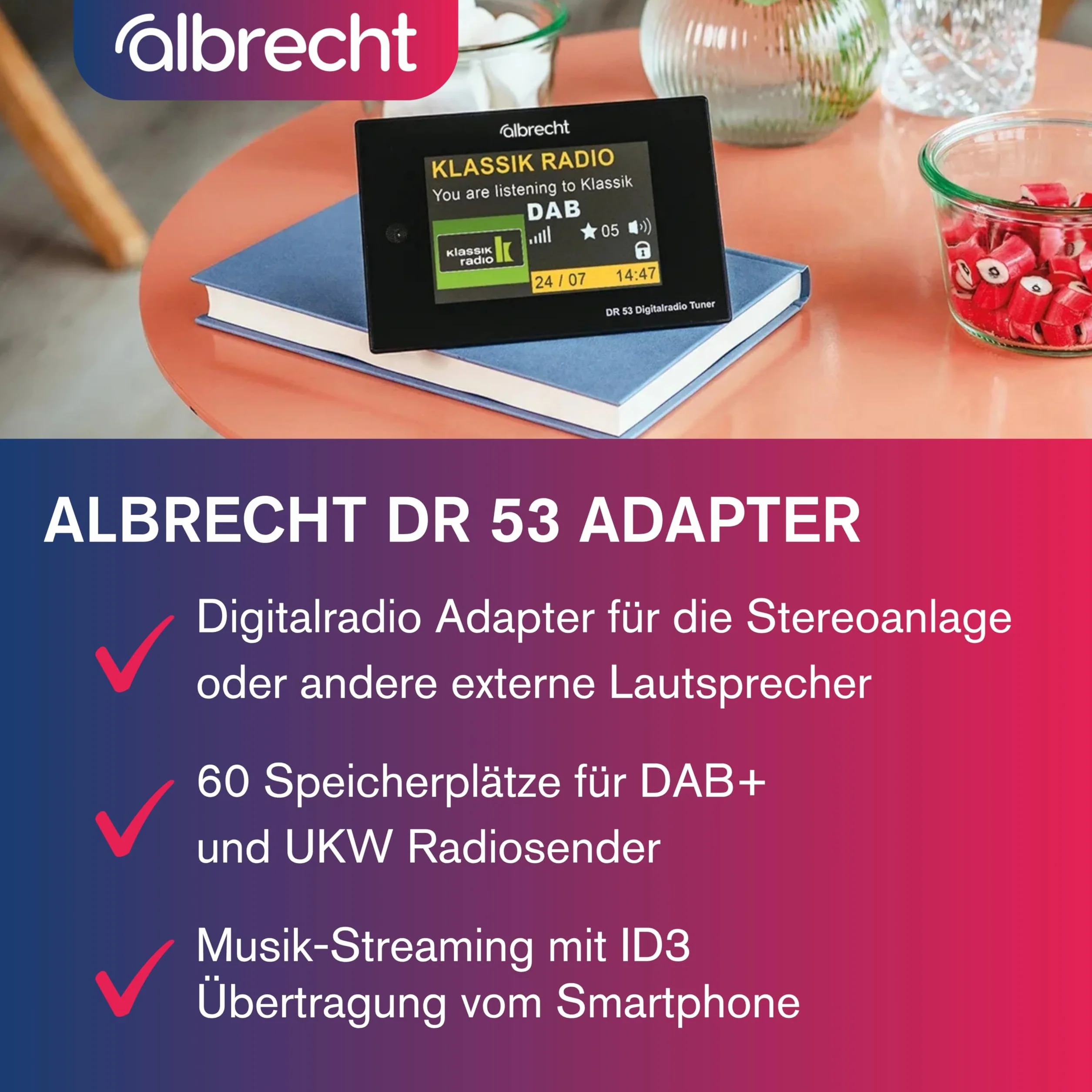 Albrecht DR53, DAB+/FM tuner radiowy, 27251, z kolorowym wyświetlaczem 4" do podłączenia do zestawu stereo z pilotem zdalnego sterowania