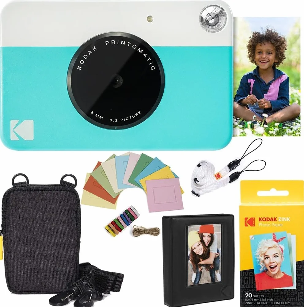 KODAK Printomatic aparat natychmiastowy (Niebieski) pakiet + papier cynkowy (20 arkuszy) etui + album fotograficzny + ramka do zawieszenia + wygodny pasek na szyję