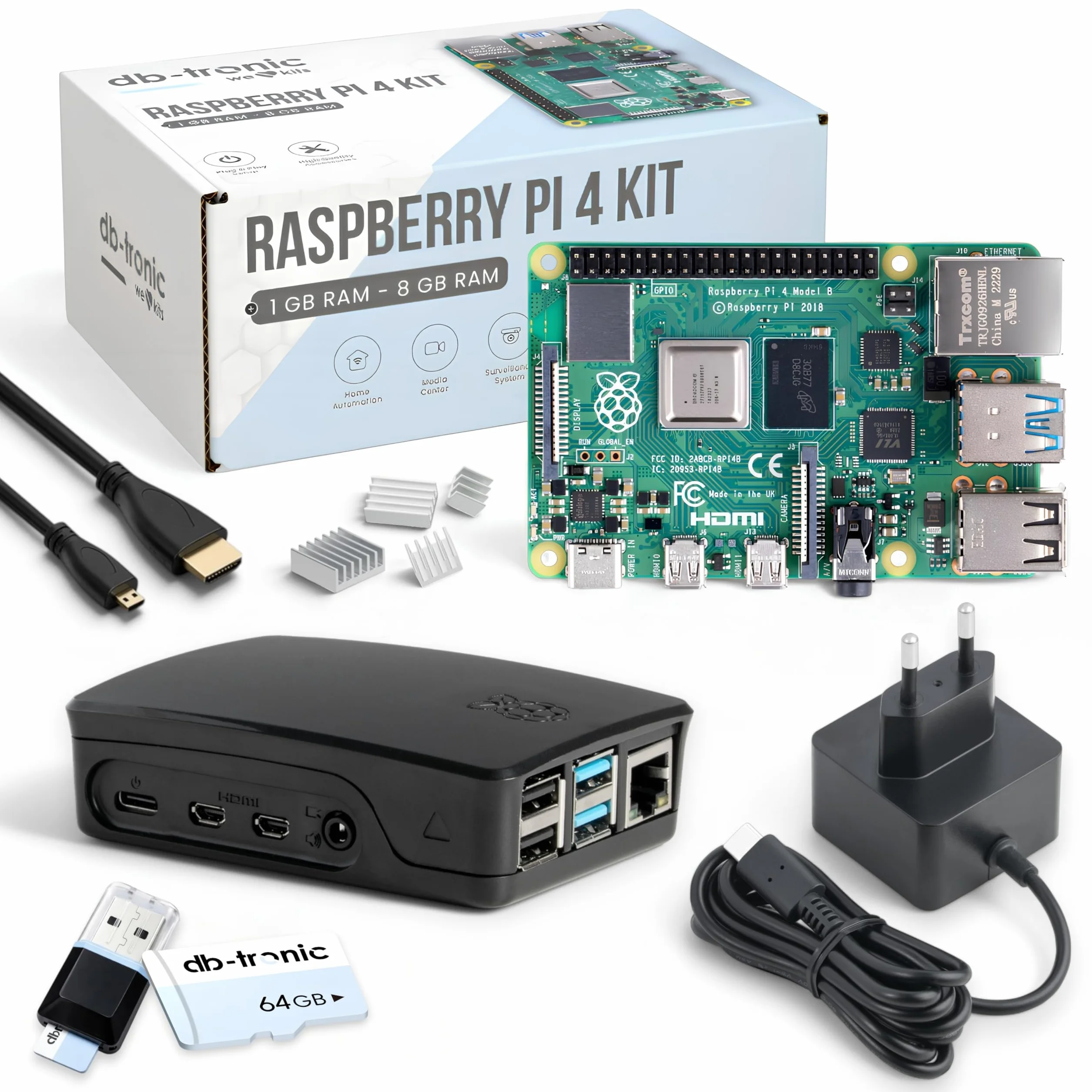 Raspberry Pi 4 2 GB Starter Kit Czarna edycja 64 GB Zasilacz 15 W Obudowa Micro HDMI 4K Radiatory