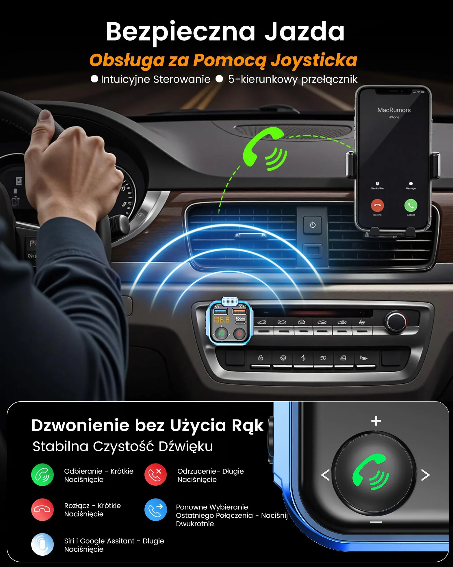 LENCENT Nadajnik FM Bluetooth V5.3, Transmiter FM Radio Samochodowe z głębokim basem Ładowarka Samochodowa z Zestawem głośnomówiącym i dwoma portami USB PD Type-C QC 3.0 USB z Niebieskim Oświetleniem