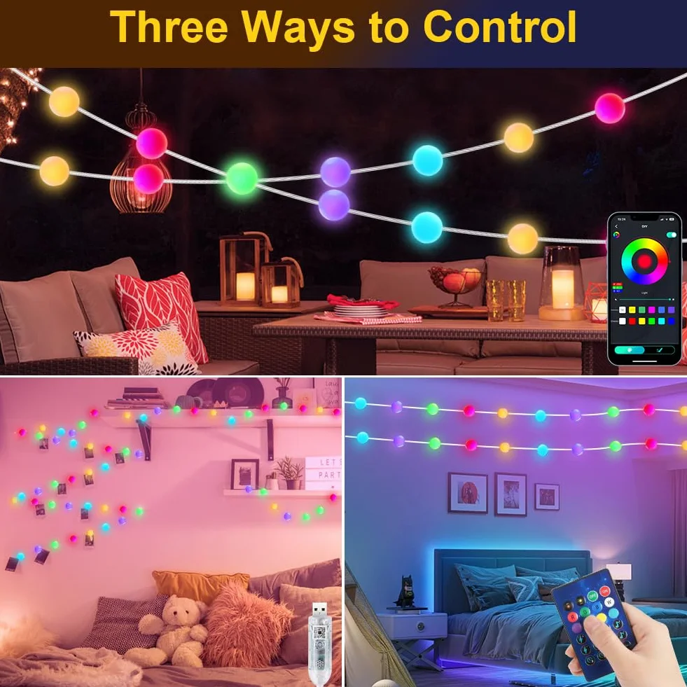 AUAUY Smart Globe String Lights, 10M 66 LED Outdoor/Indoor String Lights, Zmiana koloru, Zasilane przez USB, z aplikacją, Dekoracja na imprezę Halloween, Boże Narodzenie