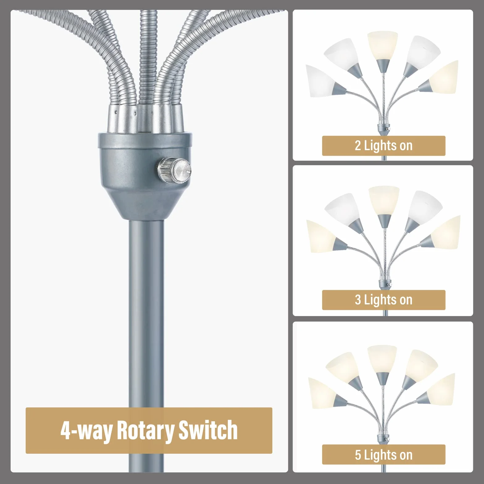 HonoDing Meduza Lampy Podłogowe Lampy Podłogowe 5 Głowic Regulowana Lampka do czytania Duży Klosz Wykorzystuje Lampy Podłogowe E26 Żarówka A19 Do Salonu Sypialni (Srebrny)