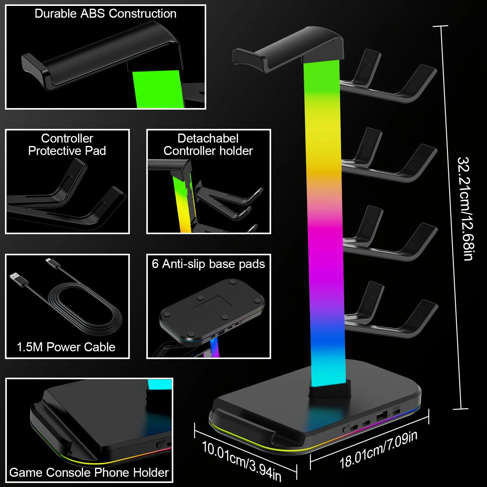 Stojak na Pady do Gier i Słuchawki z RGB | Przechowywanie dla 4 Padów + 1 Słuchawki + Smartphone | 3 Porty Ładowania (Type-C + USB-A)