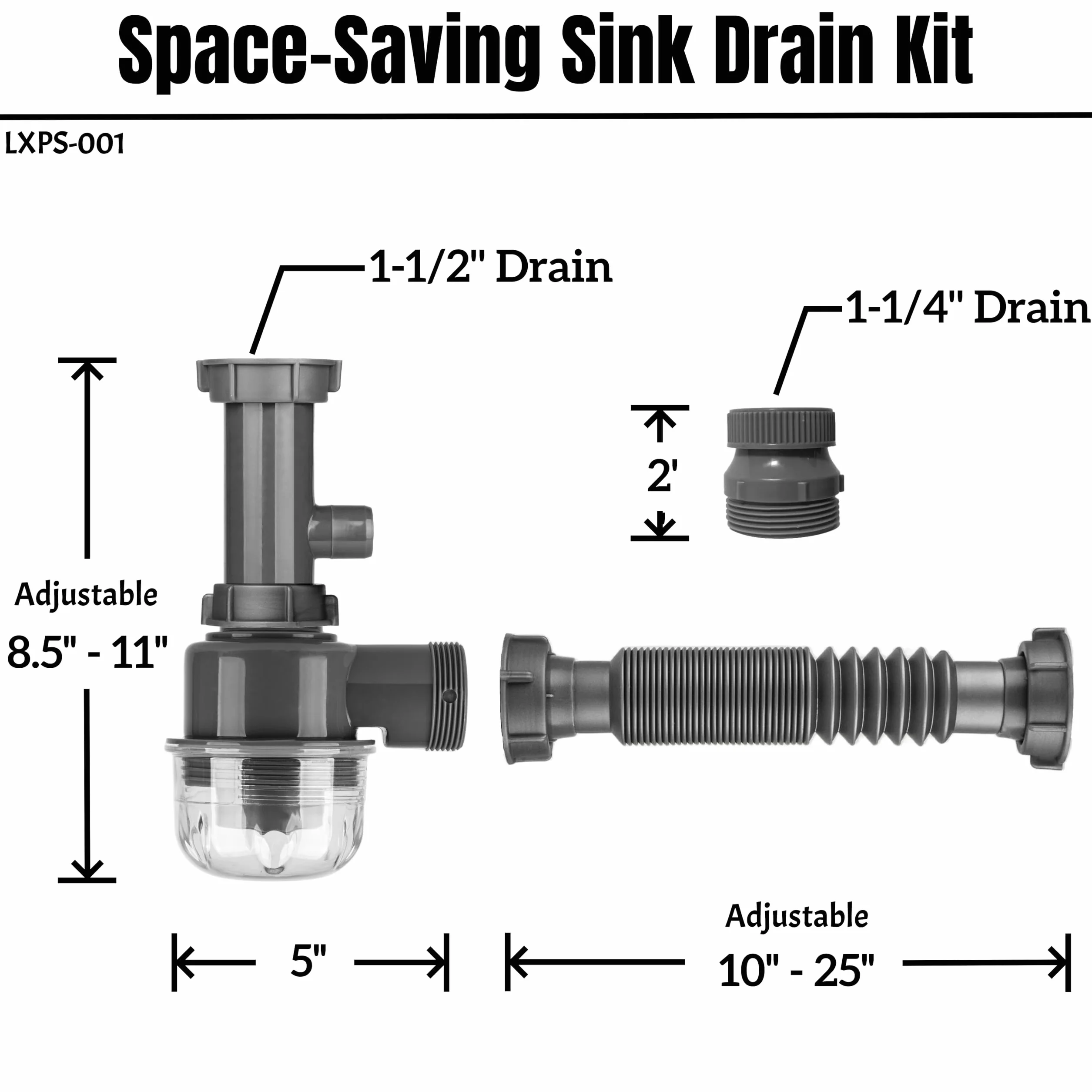 Zestaw hydrauliczny z PCW 1-1/10.2 cm i 1-1/5.1 cm z adapterem gwintowanym, zestaw odpływowy do zlewu do łazienki i kuchni, zamiennik pułapki P, elastyczna końcówka odpływowa rury przedłużającej