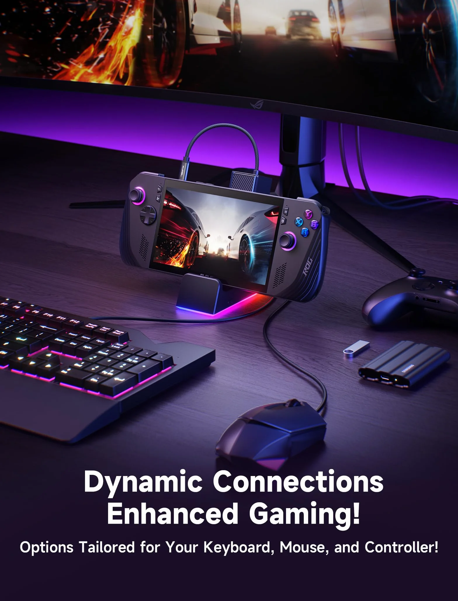JSAUX Stacja dokująca 7 w 1 do ROG Ally X/ROG Ally/Steam Deck/Legion Go z wentylatorem chłodzącym RGB, HDMI 4K@120Hz, Gigabit Ethernet, Dual USB i USB C 3.0, ładowanie