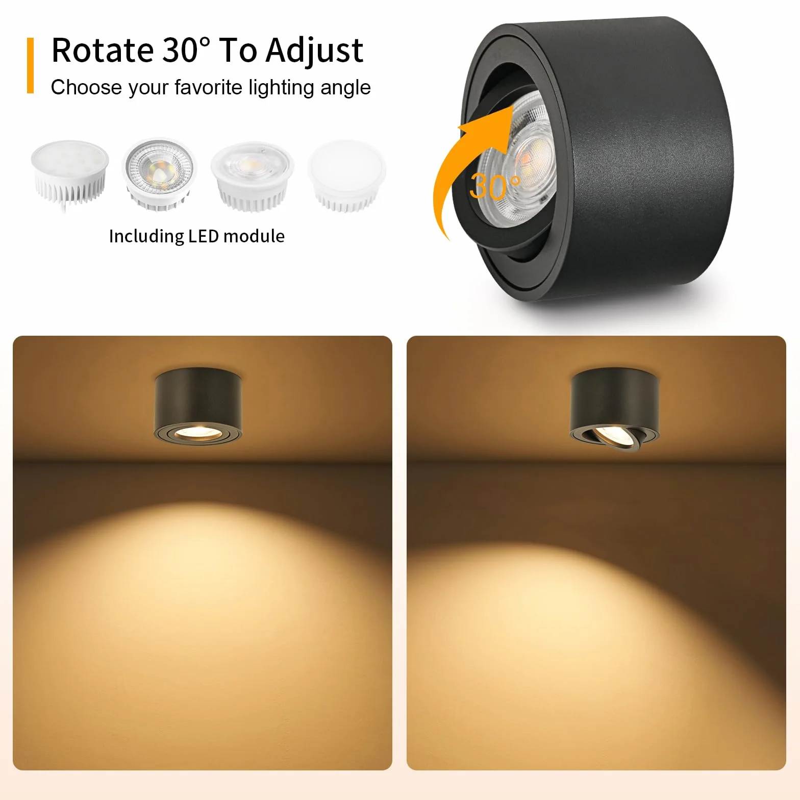 GeyouLux Ściemnialna lampa sufitowa LED, 5 W, Ø80 x 50 mm 3000 K/4000 K/6500K, obrót o 30° Spot łazienkowy, okrągły aluminiowy czarny reflektor sufitowy LED, 4 sztuki