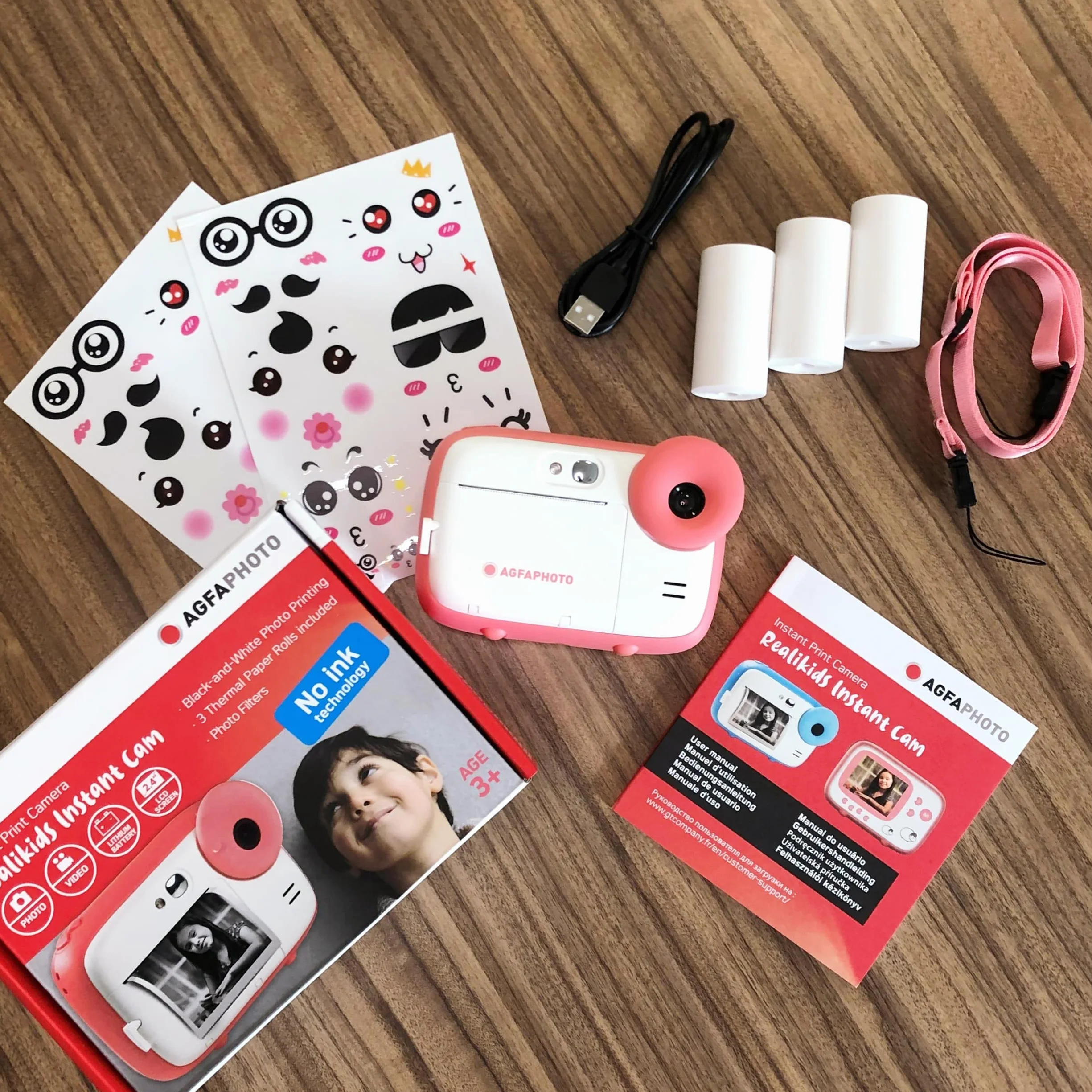 AGFA PHOTO Pakiet Realikids Instant Cam + 1 karta Micro SD 32GB - natychmiastowa kamera dla dzieci, 2,4-calowy wyświetlacz LCD, bateria litowa, lusterko do selfie i filtr fotograficzny - różowy