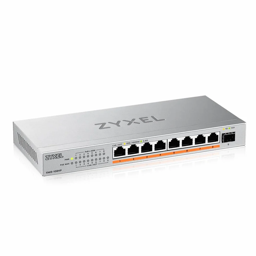 Zyxel 8-portowy przełącznik niezarządzalny PoE 2.5G Multi-Gig @ 100 W z 8 x PoE++ (60 W) | 1 x 10G SFP+ |do montażu na biurku lub na ścianie [XMG-108HP]